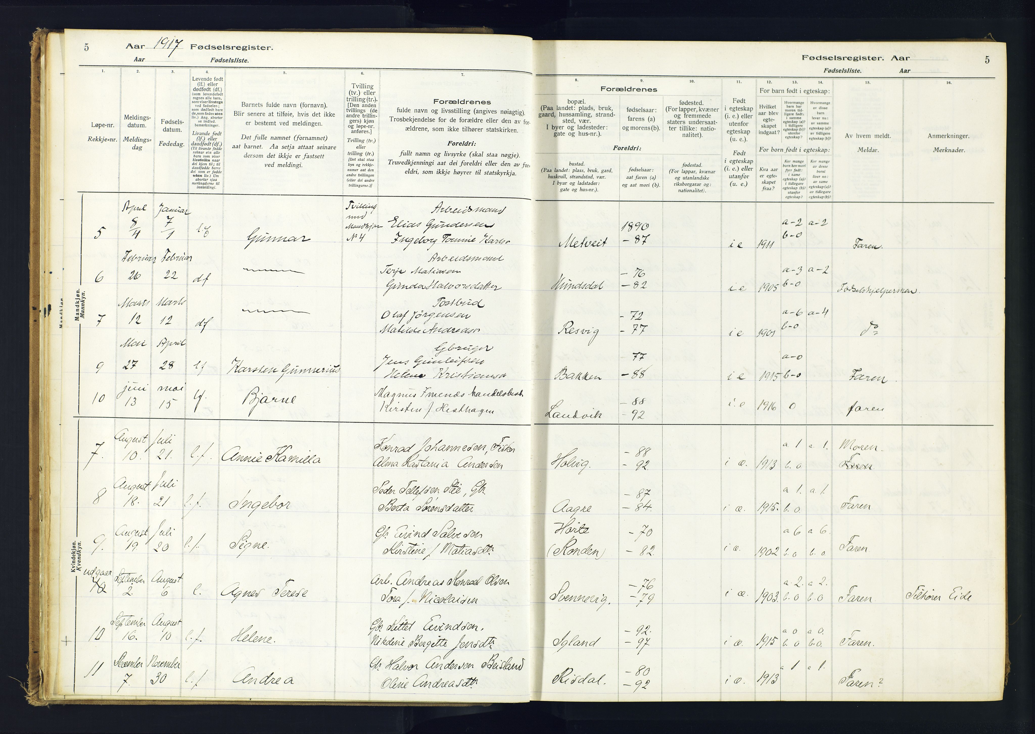 Hommedal sokneprestkontor, AV/SAK-1111-0023/J/Jd/L0001: Birth register no. 1, 1916-1962, p. 5