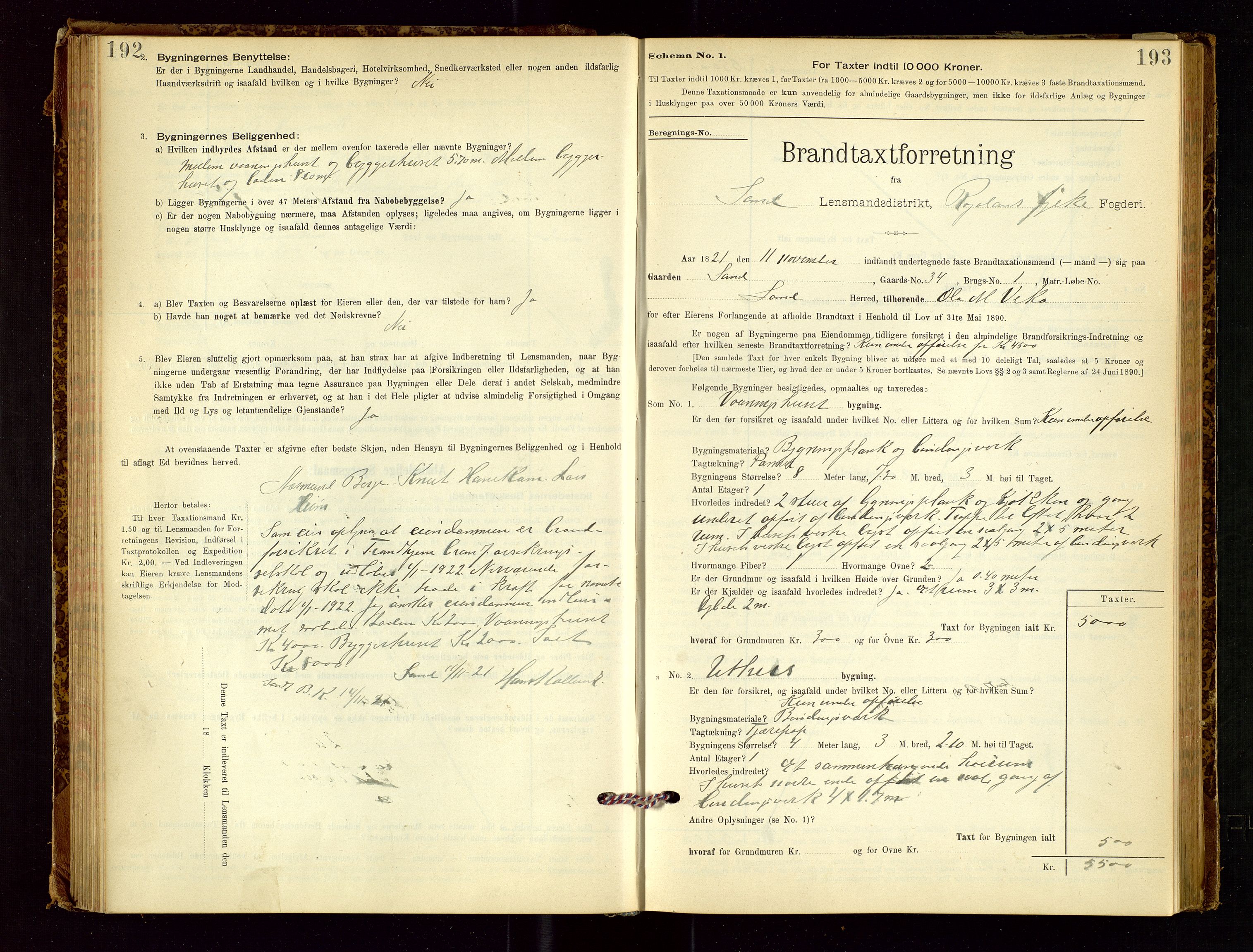 Sand lensmannskontor, AV/SAST-A-100415/Goc/L0001: "Brandtaxationsprotokol", 1895-1935, p. 192-193