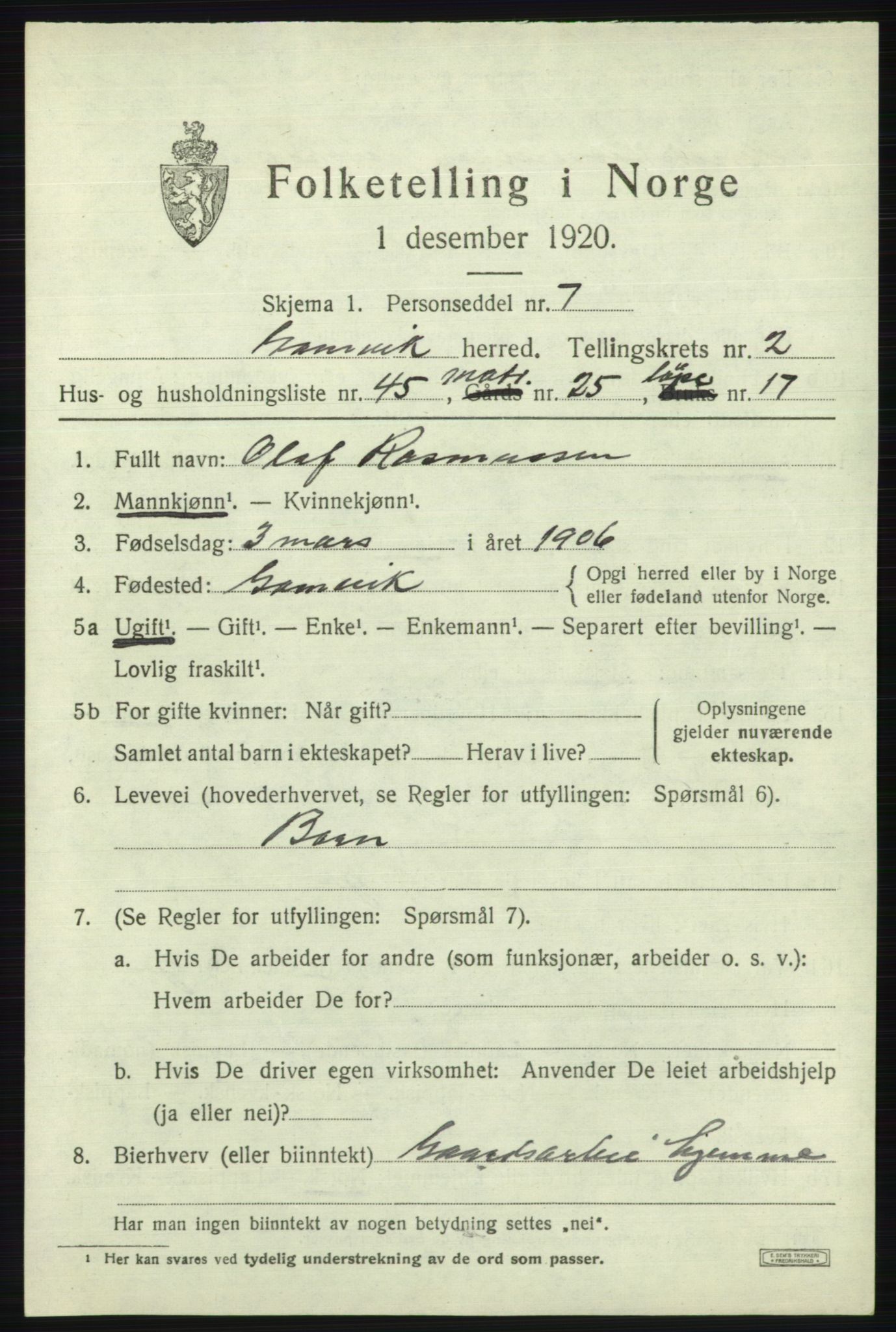 SATØ, 1920 census for Gamvik, 1920, p. 2040