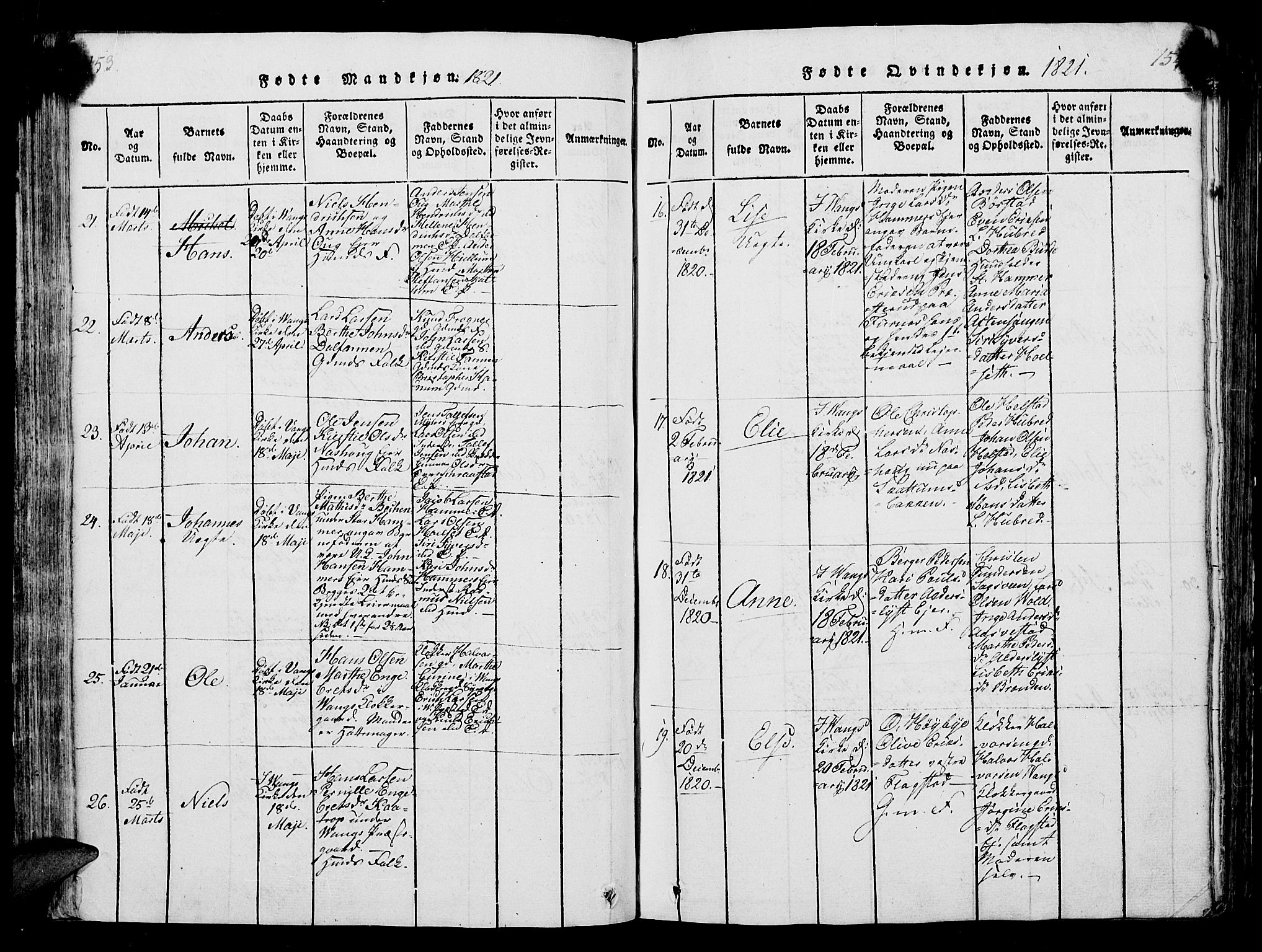 Vang prestekontor, Hedmark, AV/SAH-PREST-008/H/Ha/Hab/L0004: Parish register (copy) no. 4, 1813-1827, p. 153-154