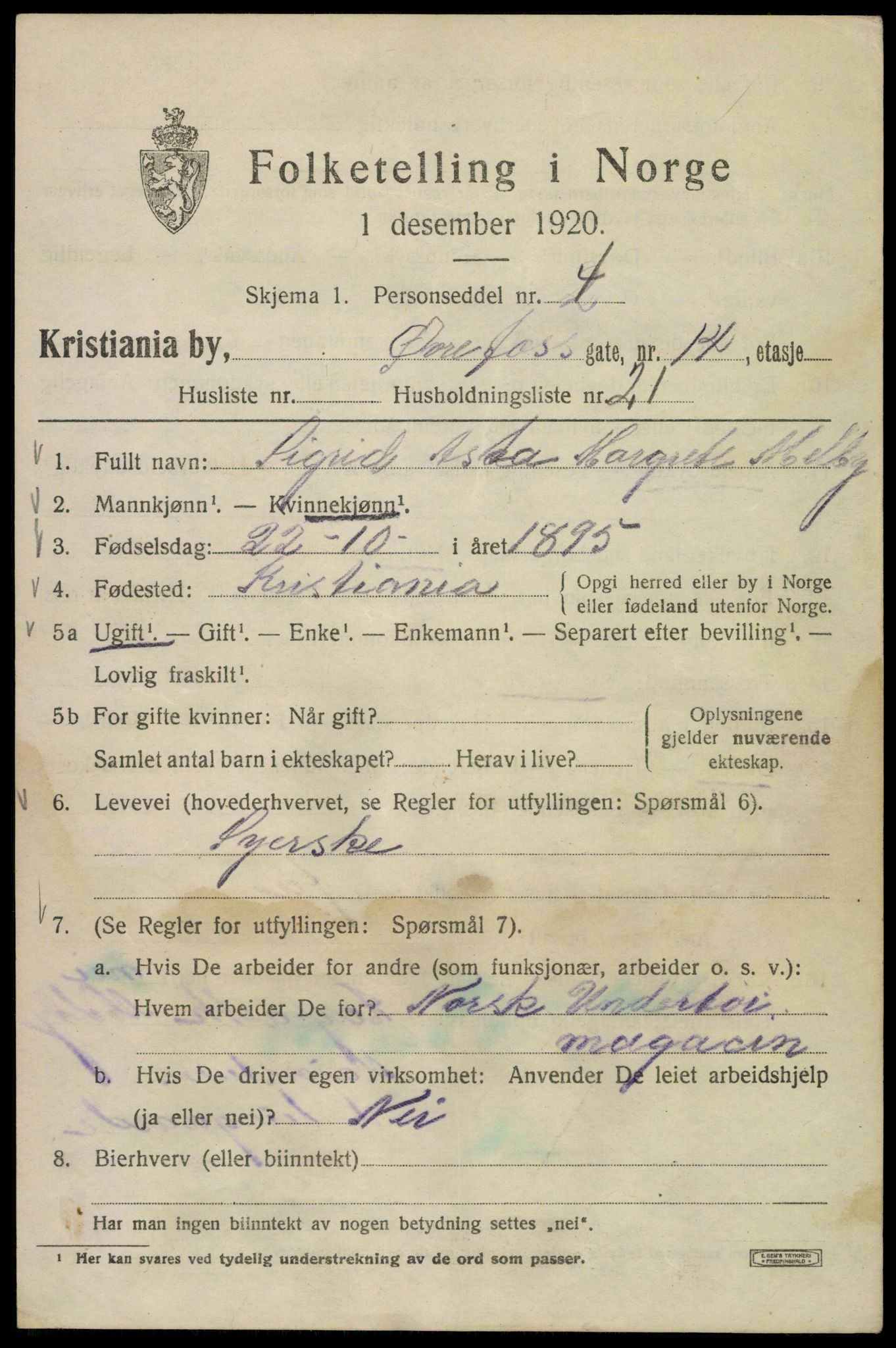 SAO, 1920 census for Kristiania, 1920, p. 660147