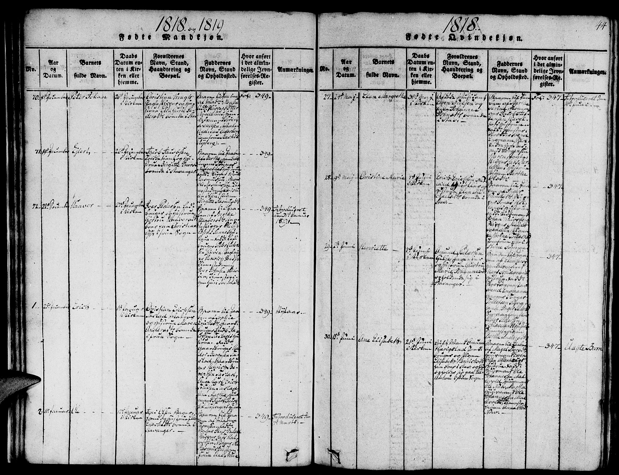 Domkirken sokneprestkontor, SAST/A-101812/001/30/30BA/L0008: Parish register (official) no. A 8, 1816-1821, p. 44