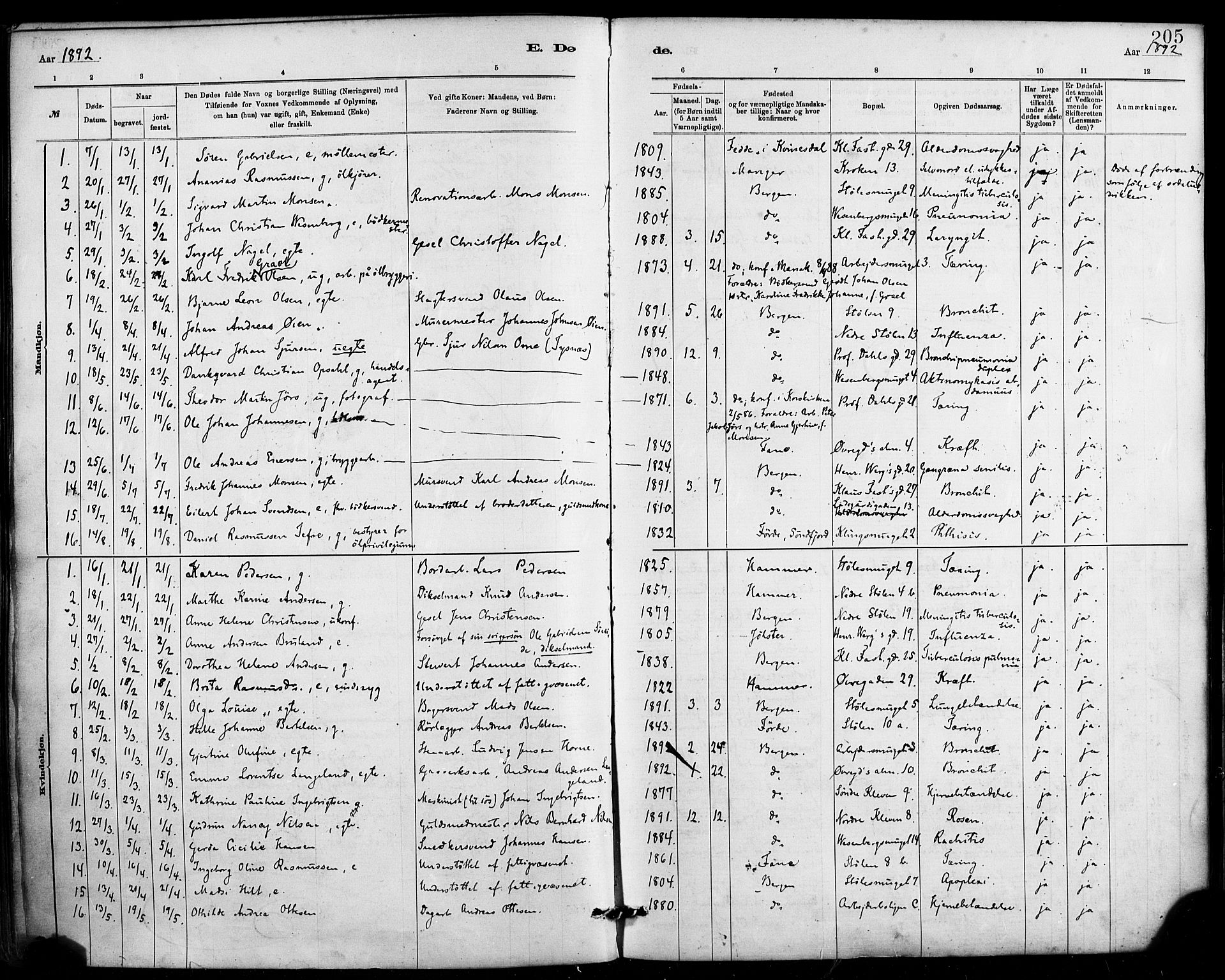 Mariakirken Sokneprestembete, SAB/A-76901/H/Haa/L0007: Parish register (official) no. A 7, 1878-1893, p. 205