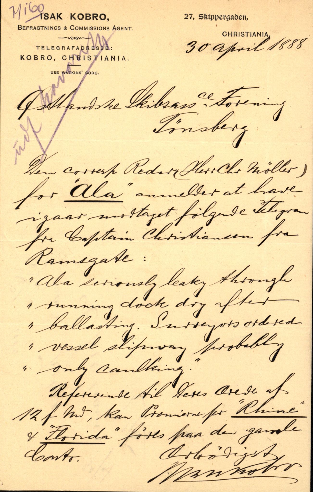 Pa 63 - Østlandske skibsassuranceforening, VEMU/A-1079/G/Ga/L0021/0012: Havaridokumenter / Agathe, Ala, Aalesund, Achiles, Præsident Harbitz, 1888, p. 7
