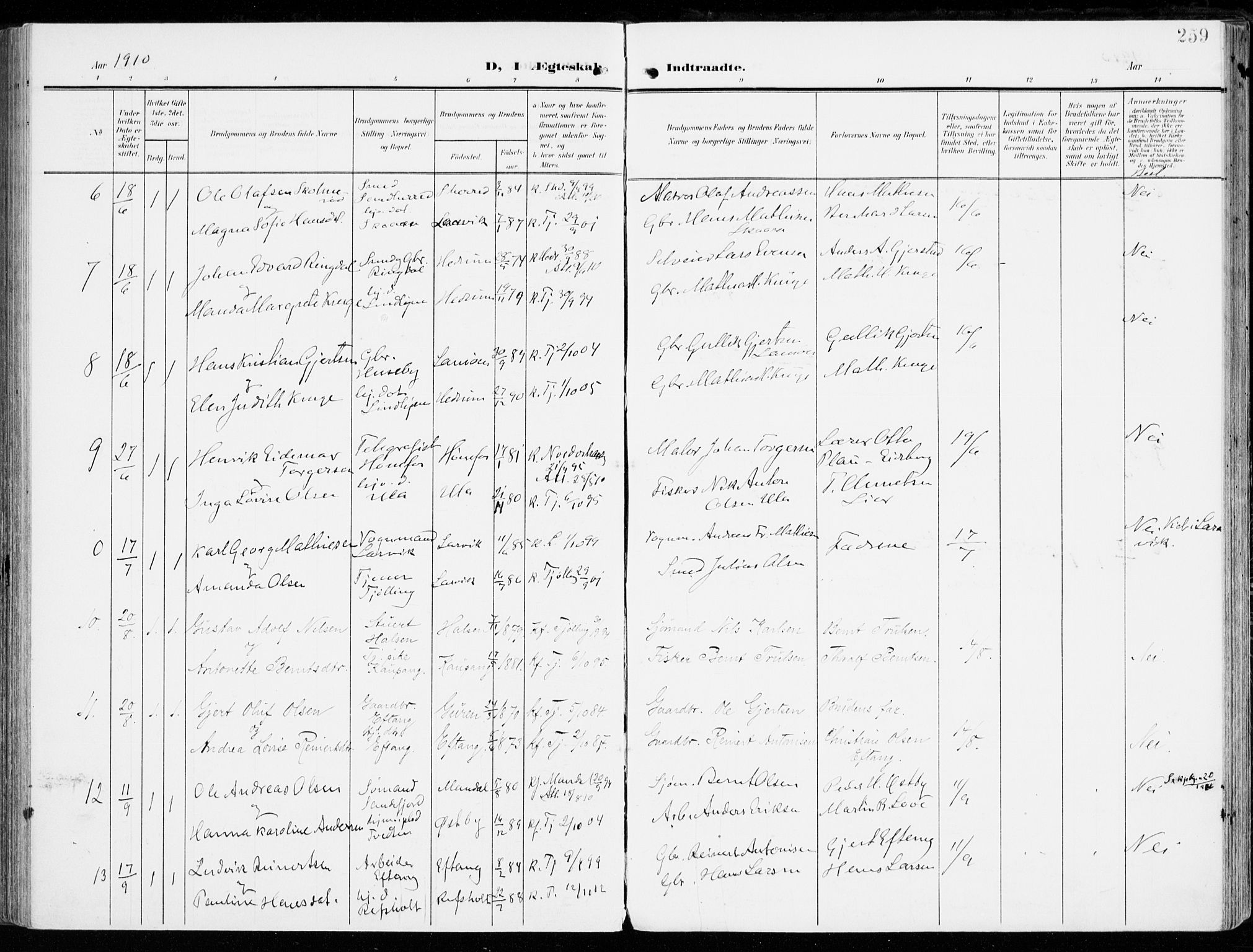 Tjølling kirkebøker, SAKO/A-60/F/Fa/L0010: Parish register (official) no. 10, 1906-1923, p. 259