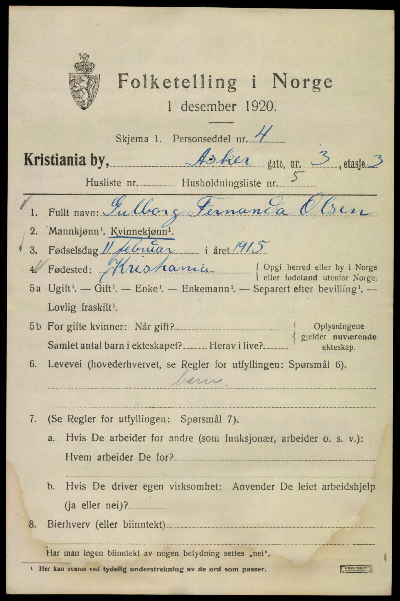 SAO, 1920 census for Kristiania, 1920, p. 146785