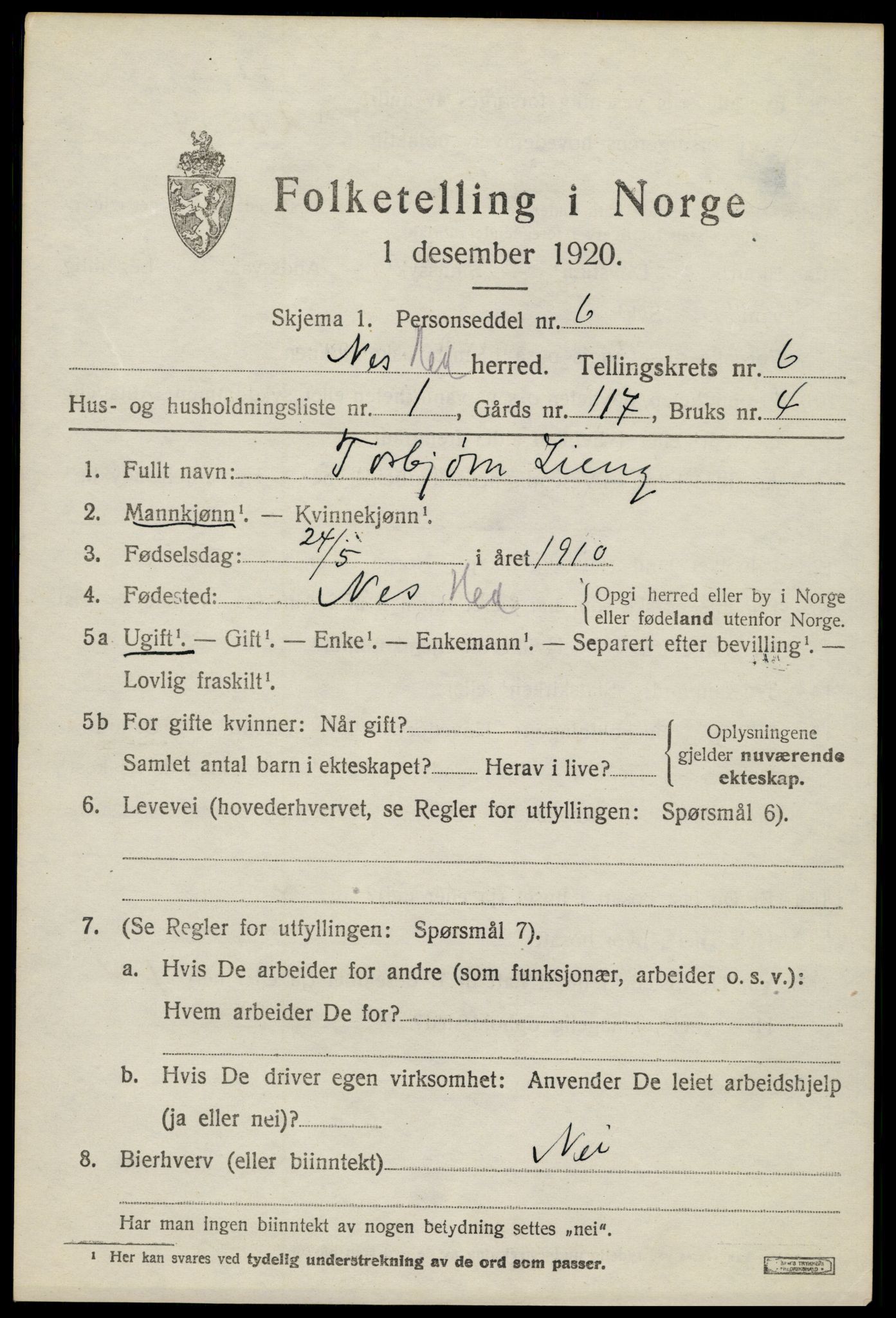 SAH, 1920 census for Nes (Hedmark), 1920, p. 7792