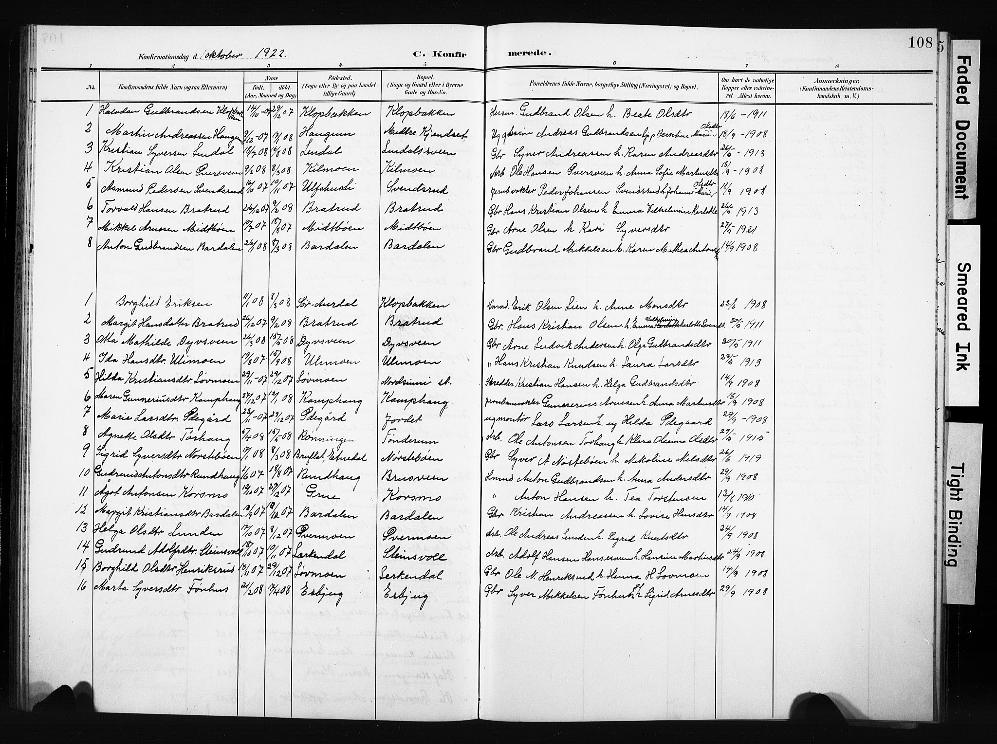 Nordre Land prestekontor, AV/SAH-PREST-124/H/Ha/Hab/L0006: Parish register (copy) no. 6, 1905-1929, p. 108
