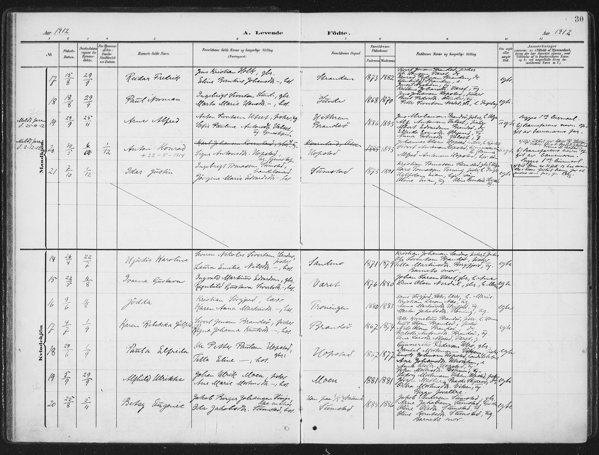 Ministerialprotokoller, klokkerbøker og fødselsregistre - Sør-Trøndelag, SAT/A-1456/657/L0709: Parish register (official) no. 657A10, 1905-1919, p. 30