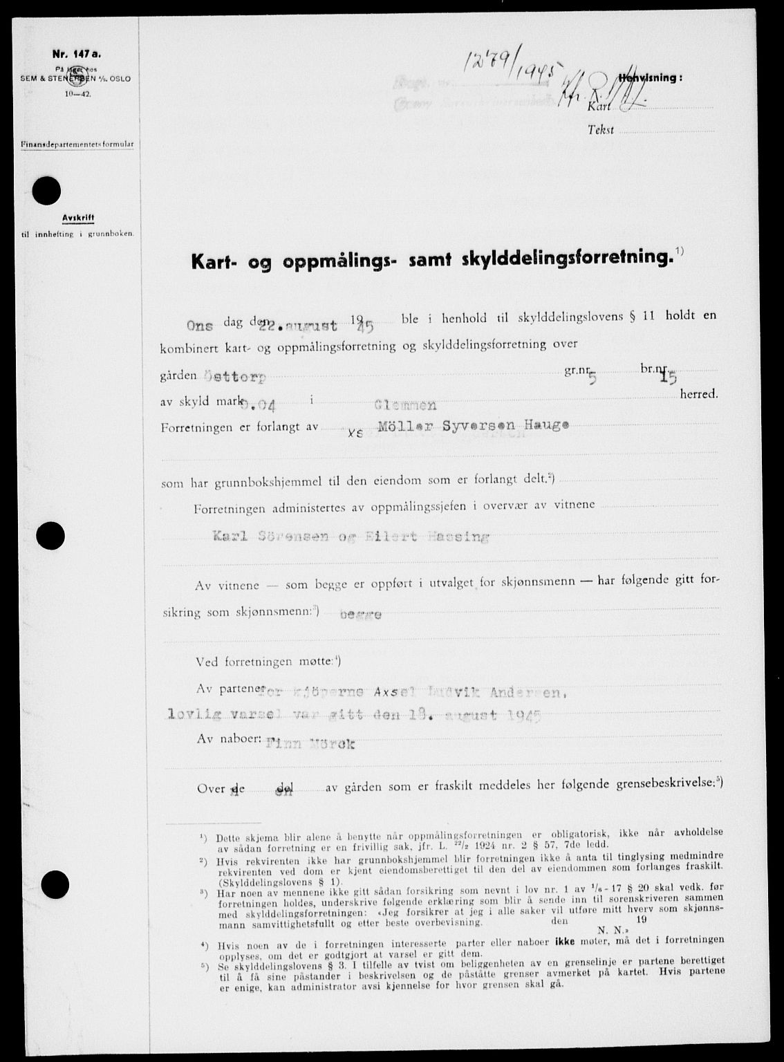 Onsøy sorenskriveri, SAO/A-10474/G/Ga/Gab/L0015: Mortgage book no. II A-15, 1945-1946, Diary no: : 1279/1945