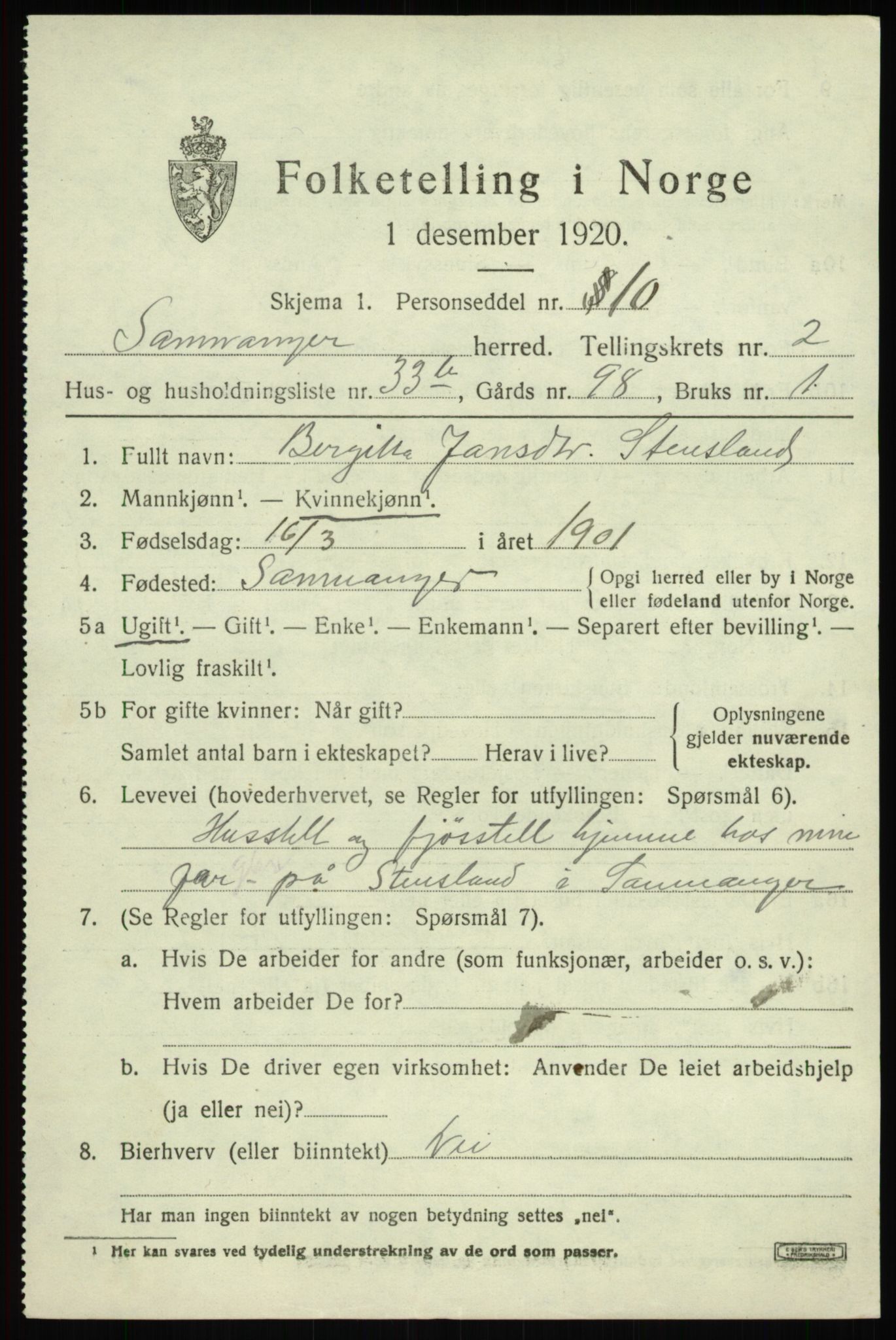 SAB, 1920 census for Samnanger, 1920, p. 1495