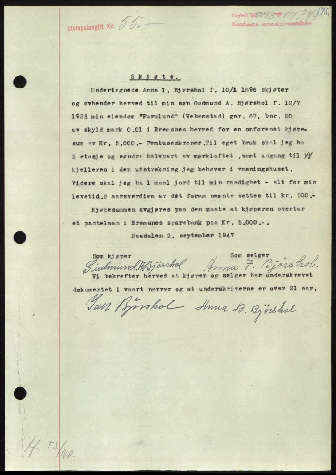 Nordmøre sorenskriveri, AV/SAT-A-4132/1/2/2Ca: Mortgage book no. A106, 1947-1947, Diary no: : 2193/1947