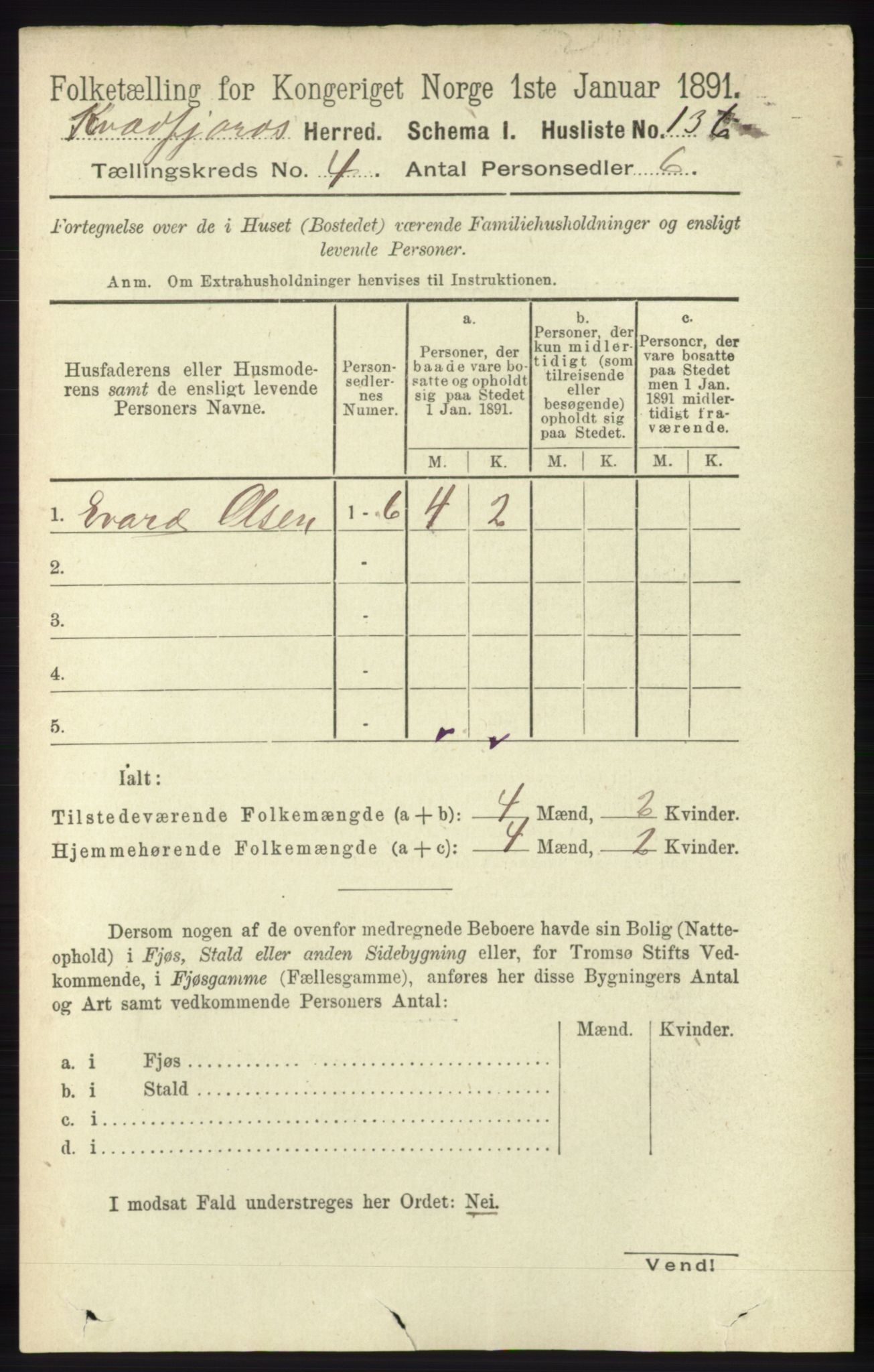 RA, 1891 census for 1911 Kvæfjord, 1891, p. 1886