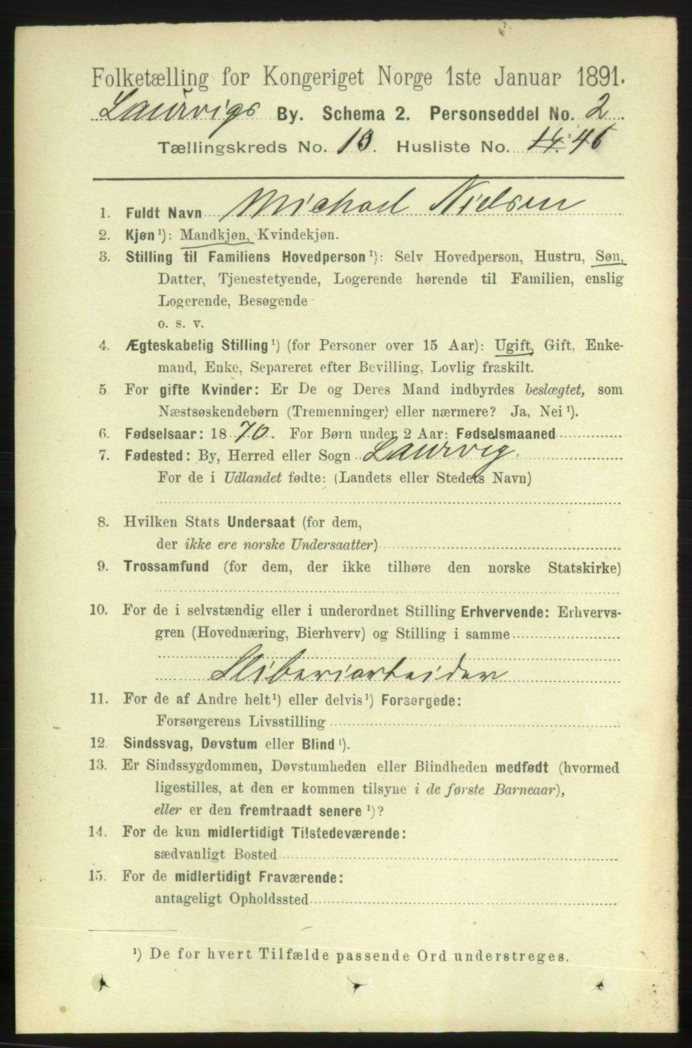 RA, 1891 census for 0707 Larvik, 1891, p. 9496