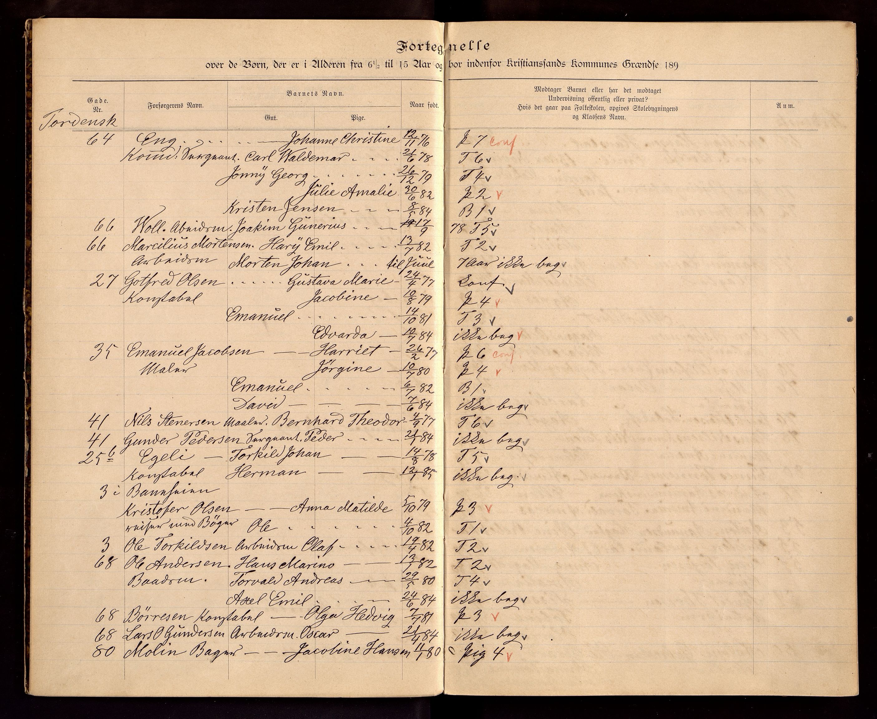 Kristiansand By - Skolekommisjonen/ -Styret, ARKSOR/1001KG510/J/Jb/L0001: Barnetelling, 1891