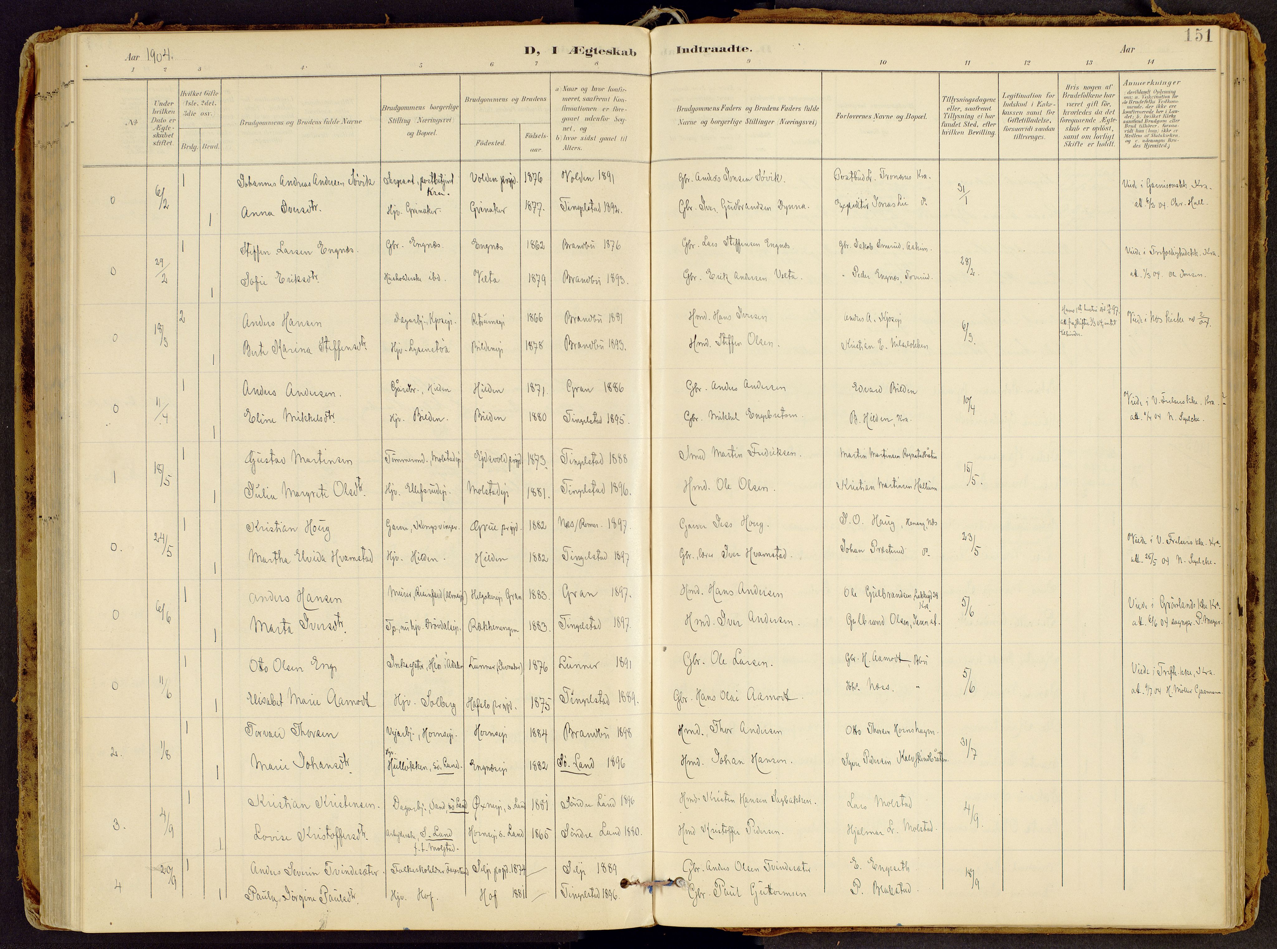 Brandbu prestekontor, SAH/PREST-114/H/Ha/Haa/L0002: Parish register (official) no. 2, 1899-1914, p. 151