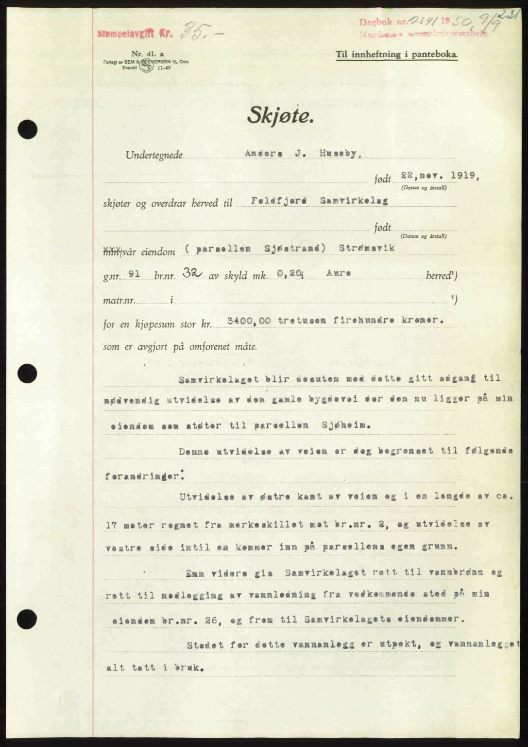 Nordmøre sorenskriveri, AV/SAT-A-4132/1/2/2Ca: Mortgage book no. A116, 1950-1950, Diary no: : 2841/1950