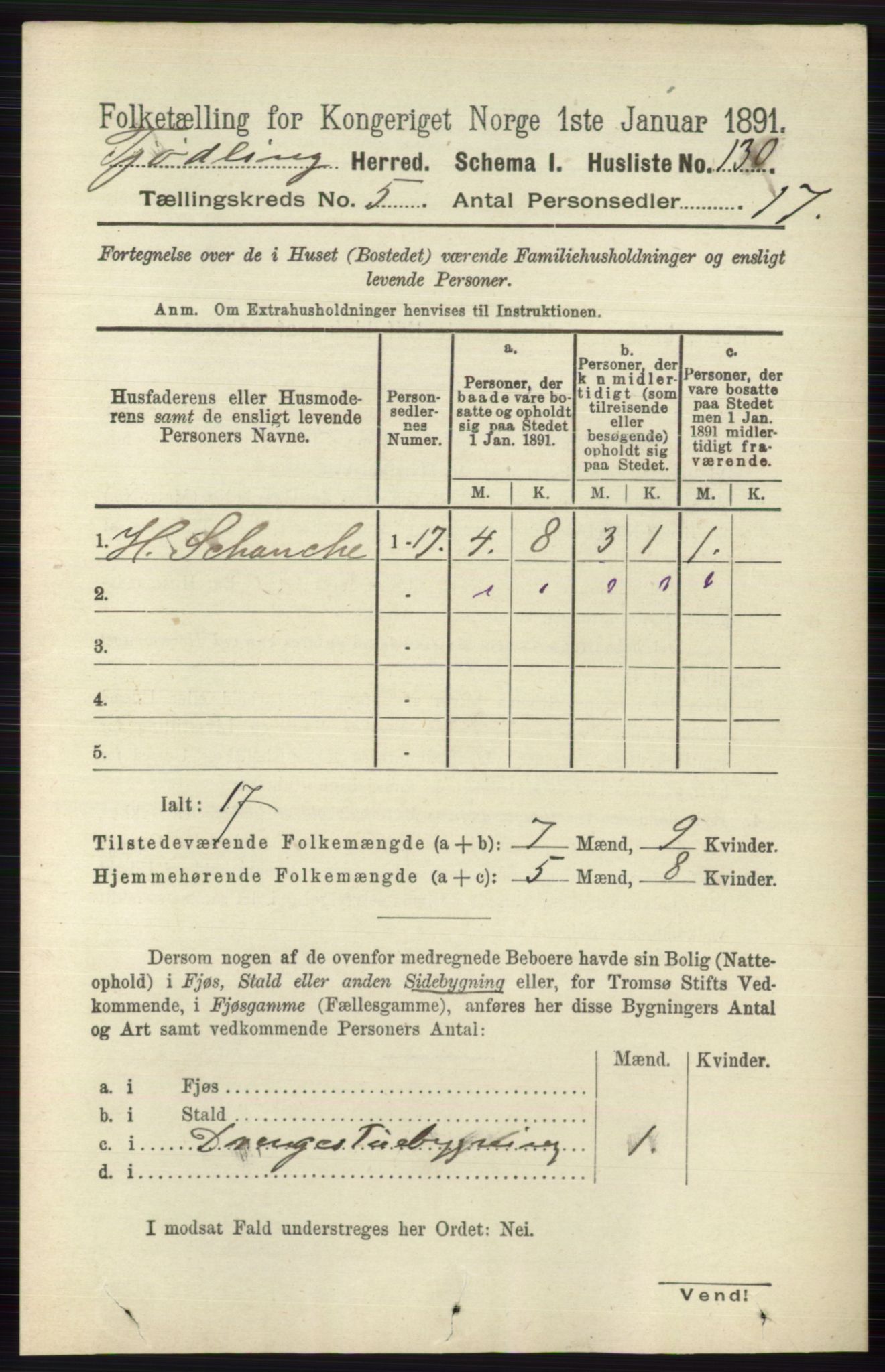 RA, 1891 census for 0725 Tjølling, 1891, p. 1965