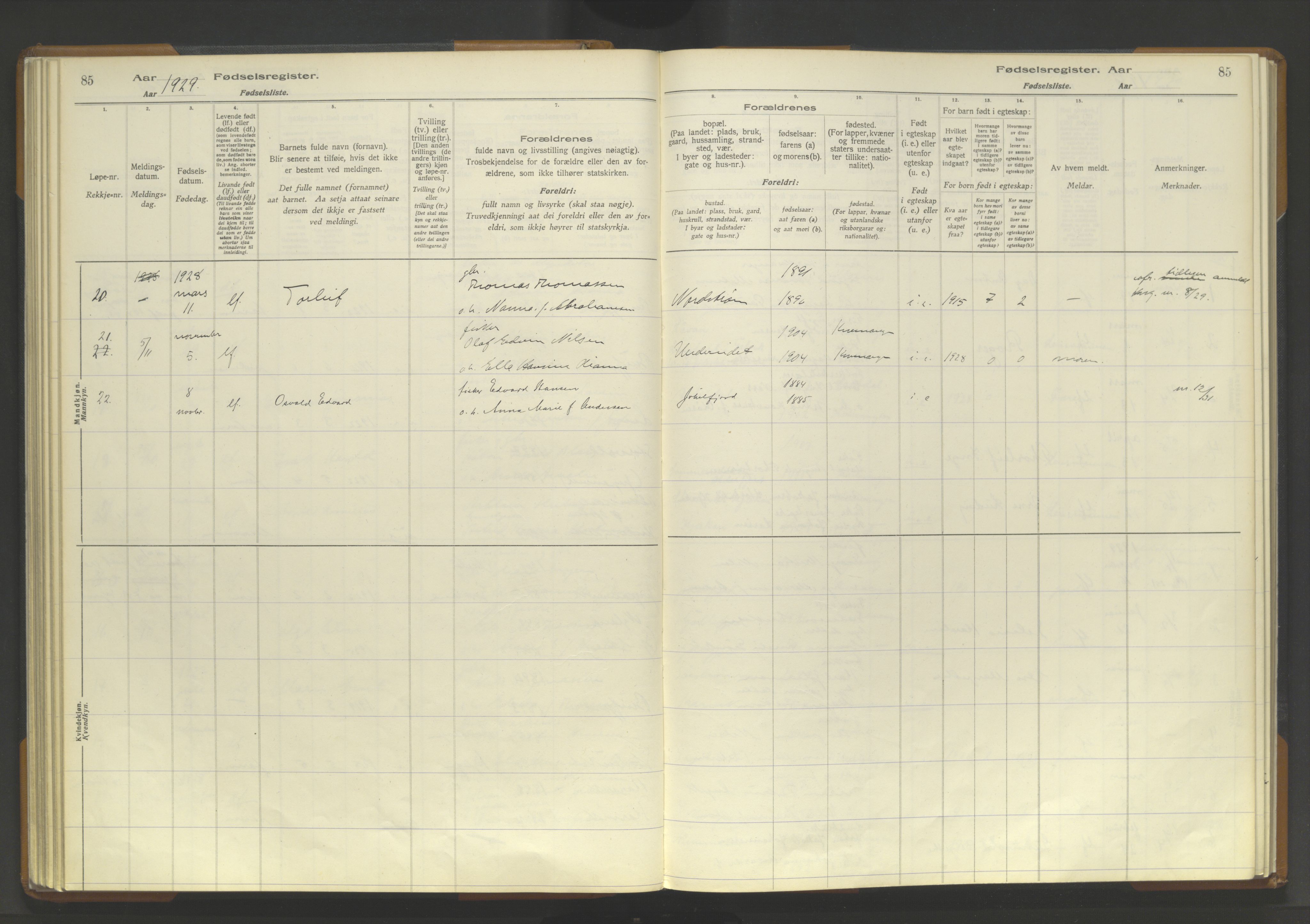 Skjervøy sokneprestkontor, SATØ/S-1300/I/Ia/L0062: Birth register no. 62, 1916-1950, p. 85