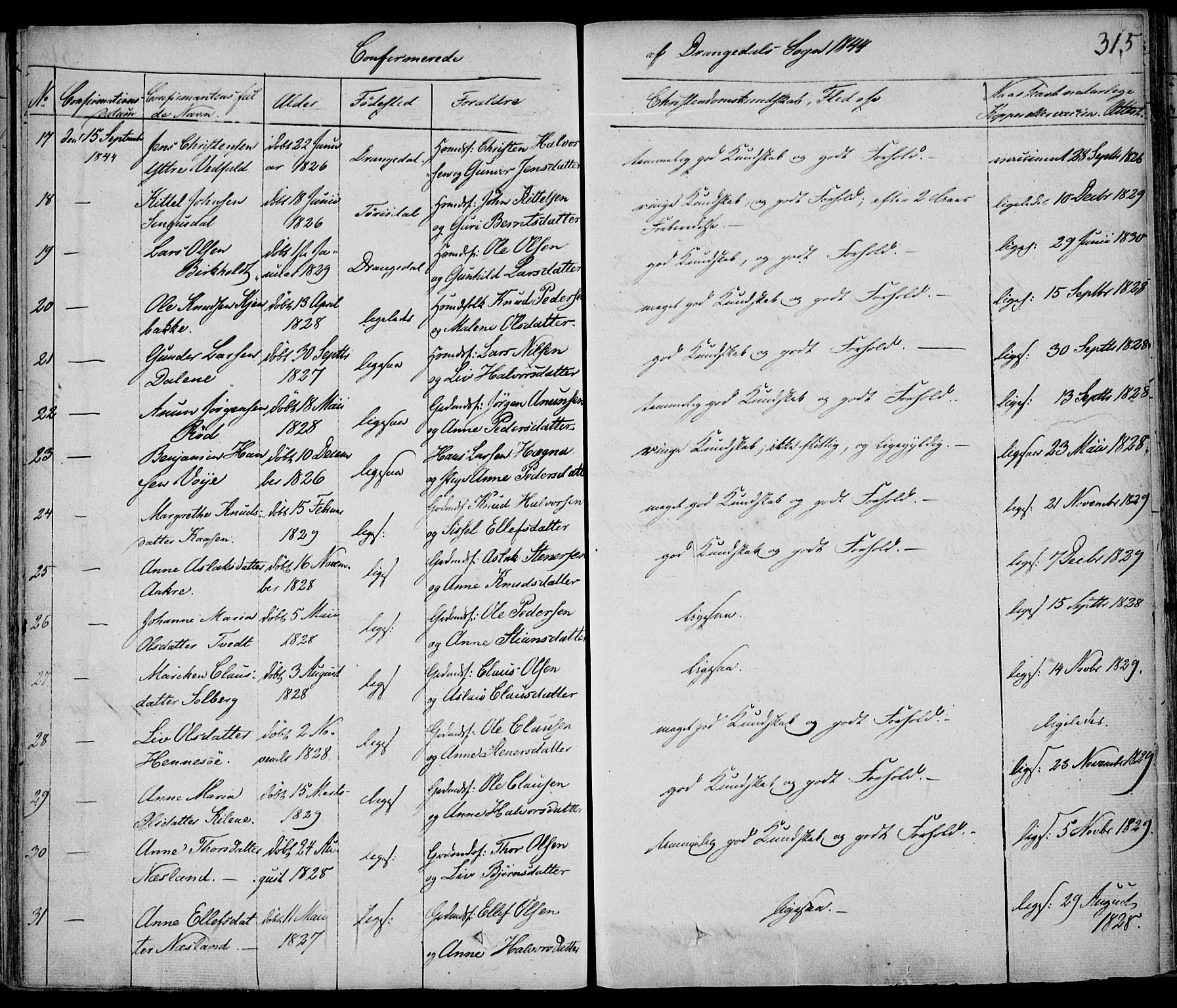 Drangedal kirkebøker, AV/SAKO-A-258/F/Fa/L0007a: Parish register (official) no. 7a, 1837-1856, p. 315