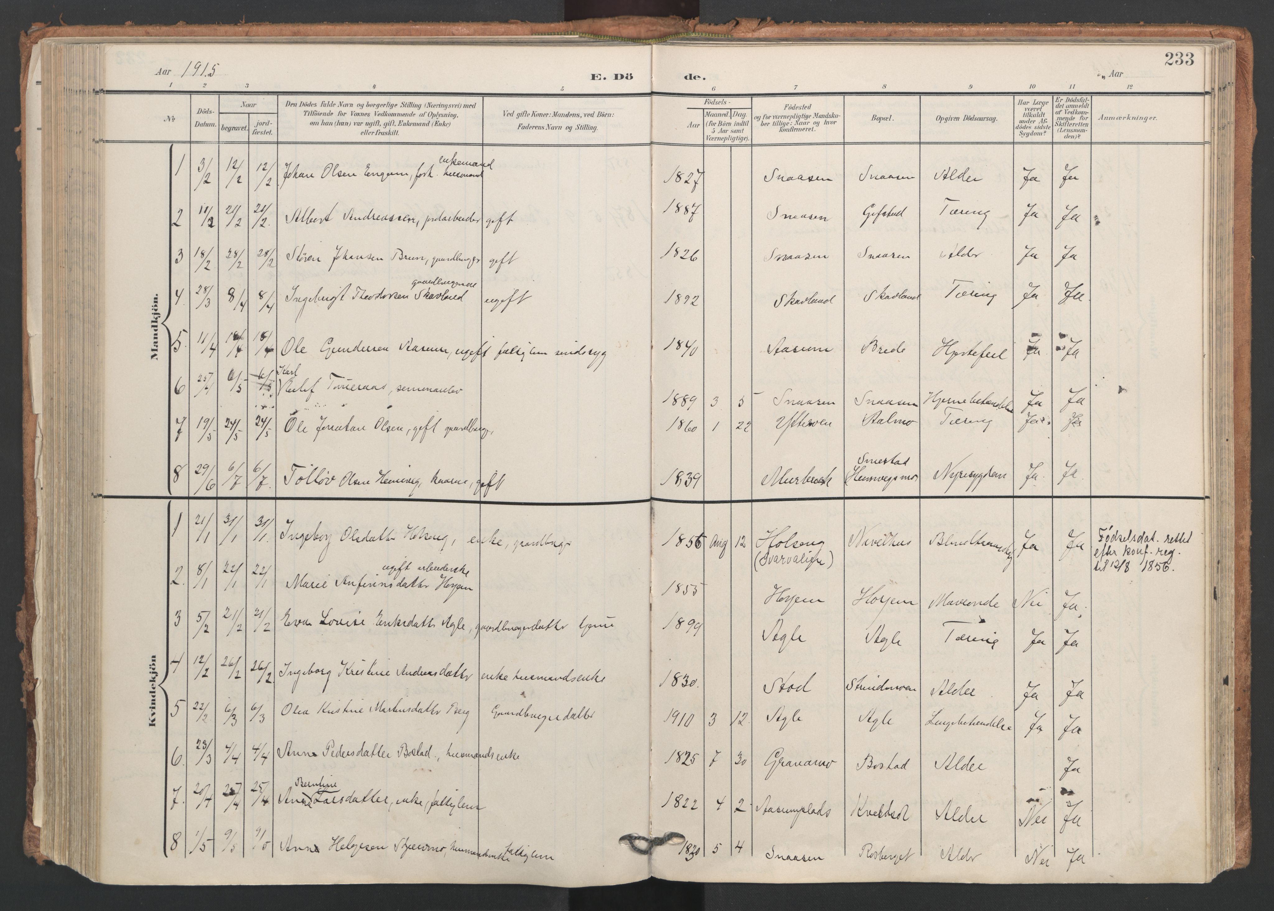 Ministerialprotokoller, klokkerbøker og fødselsregistre - Nord-Trøndelag, SAT/A-1458/749/L0477: Parish register (official) no. 749A11, 1902-1927, p. 233