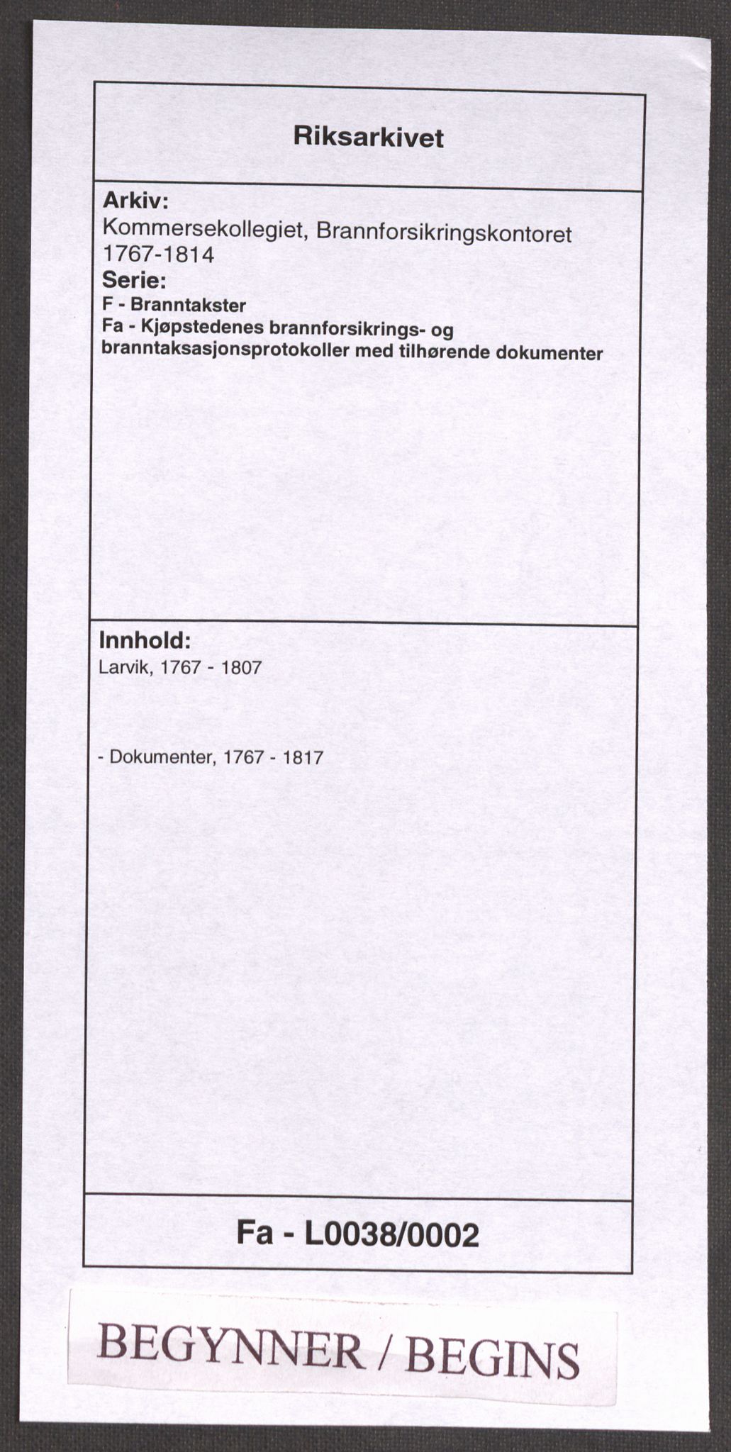 Kommersekollegiet, Brannforsikringskontoret 1767-1814, RA/EA-5458/F/Fa/L0038/0002: Larvik / Dokumenter, 1767-1817