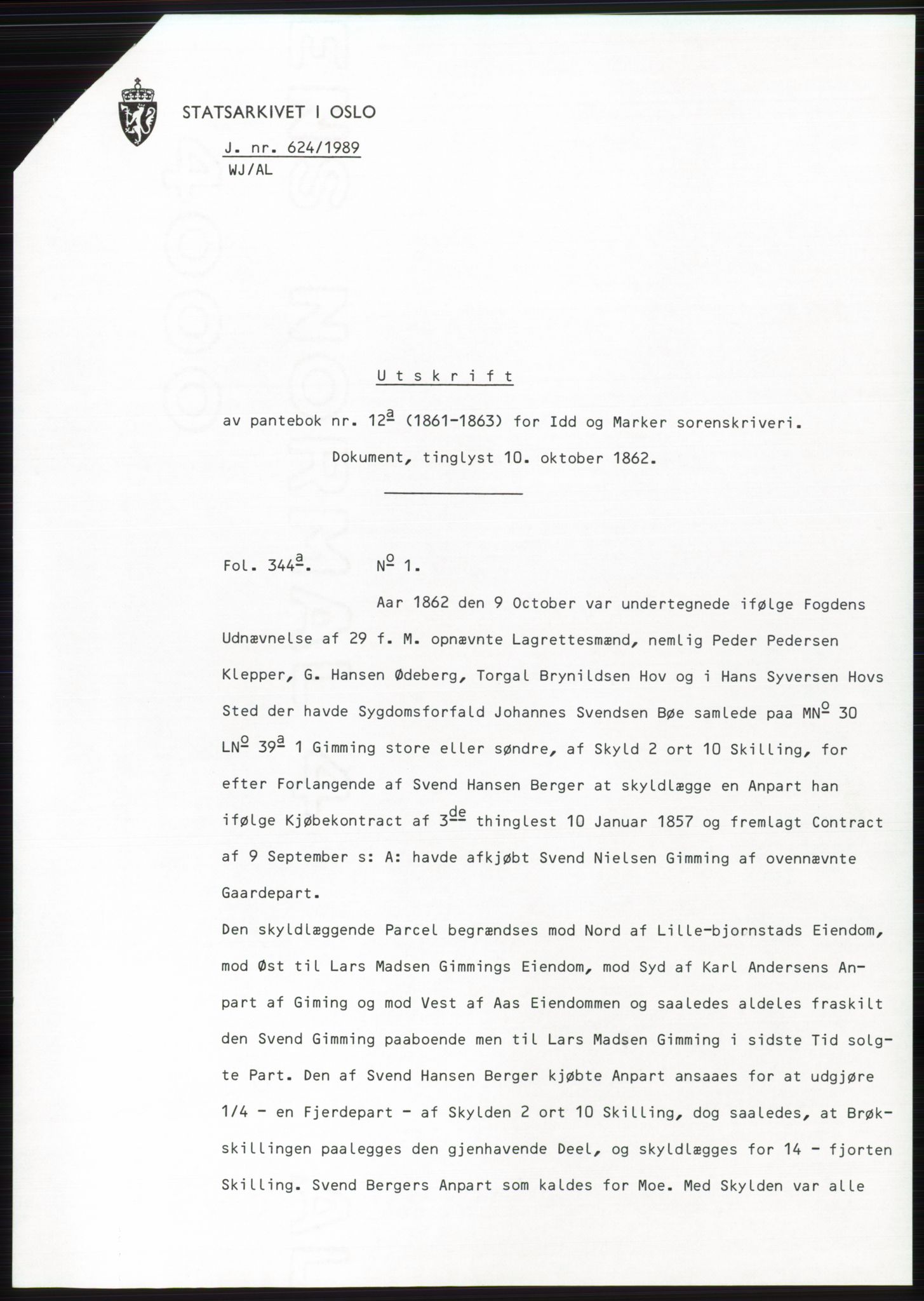 Statsarkivet i Oslo, AV/SAO-A-10621/Z/Zd/L0047: Avskrifter, j.nr 52-4422/1989, 1989, p. 46