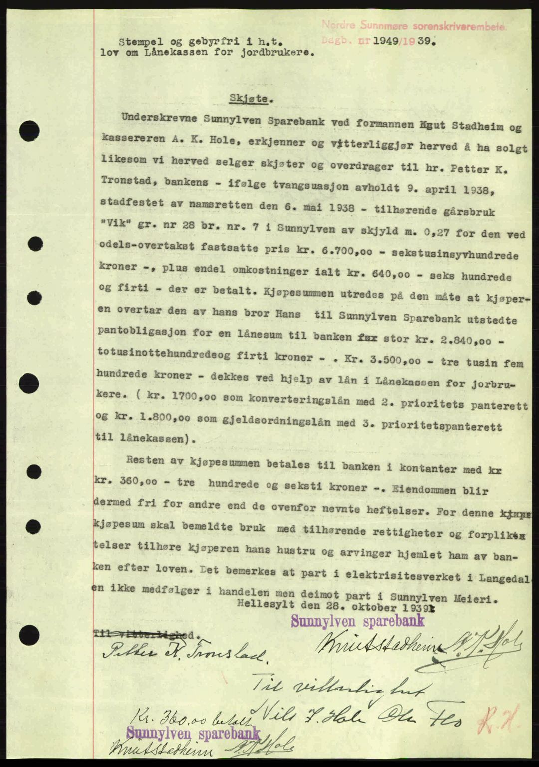 Nordre Sunnmøre sorenskriveri, AV/SAT-A-0006/1/2/2C/2Ca: Mortgage book no. A8, 1939-1940, Diary no: : 1949/1939