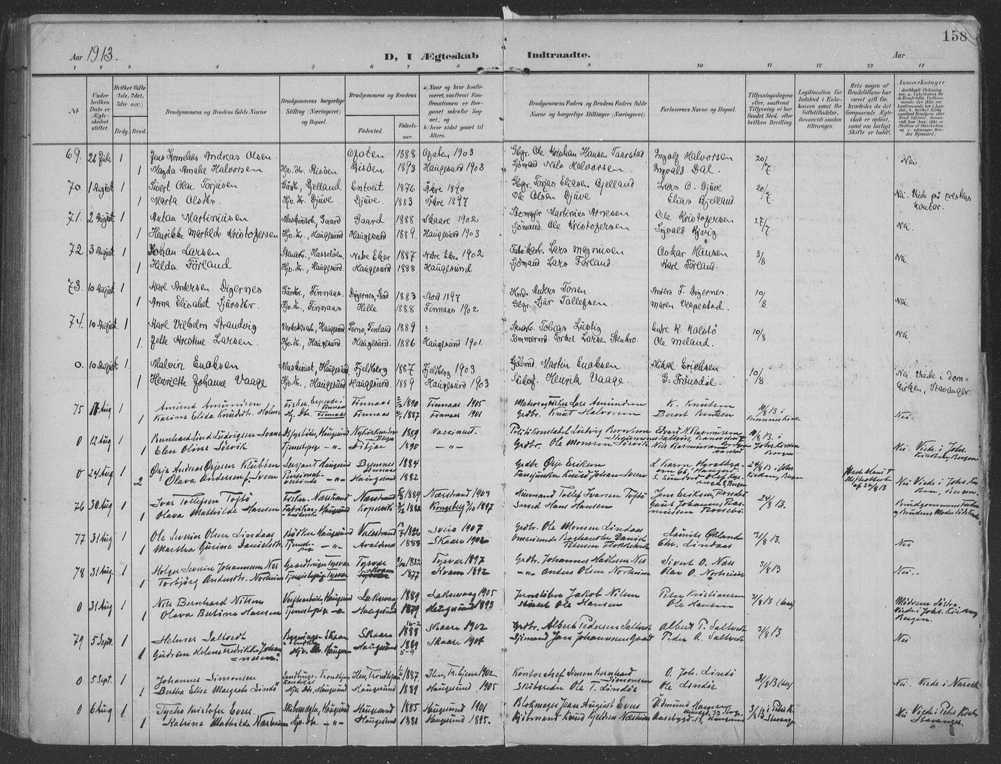 Haugesund sokneprestkontor, AV/SAST-A -101863/H/Ha/Haa/L0007: Parish register (official) no. A 7, 1904-1916, p. 158