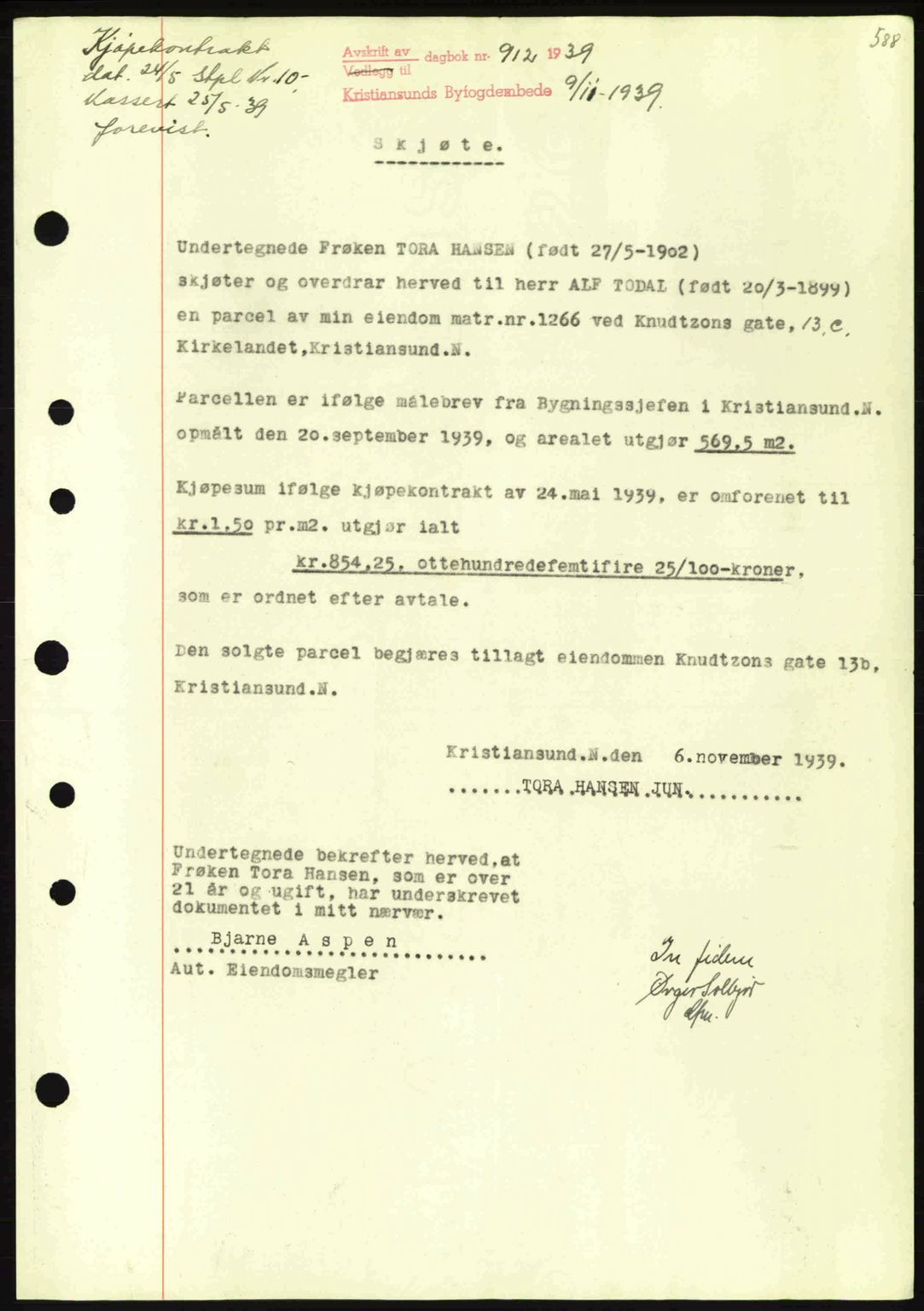 Kristiansund byfogd, AV/SAT-A-4587/A/27: Mortgage book no. 30, 1936-1941, Diary no: : 912/1939
