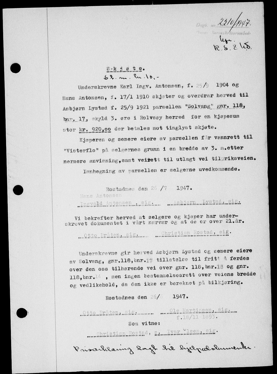 Onsøy sorenskriveri, SAO/A-10474/G/Ga/Gab/L0021: Mortgage book no. II A-21, 1947-1947, Diary no: : 2210/1947