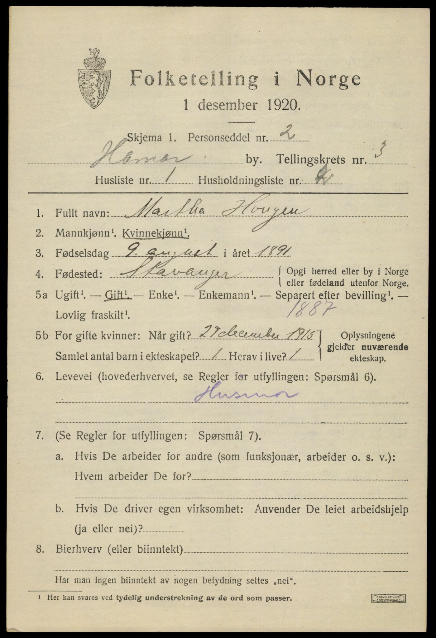 SAH, 1920 census for Lillehammer, 1920, p. 5638