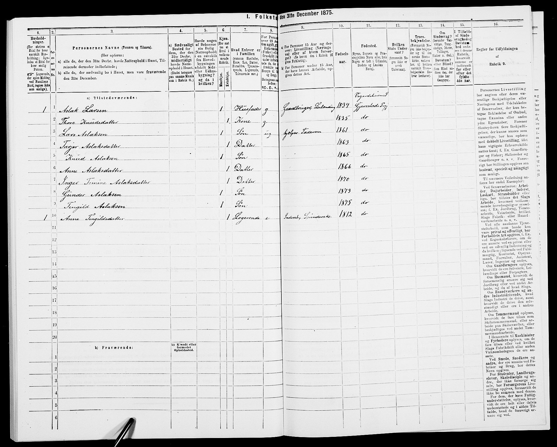 SAK, 1875 census for 0911P Gjerstad, 1875, p. 1356