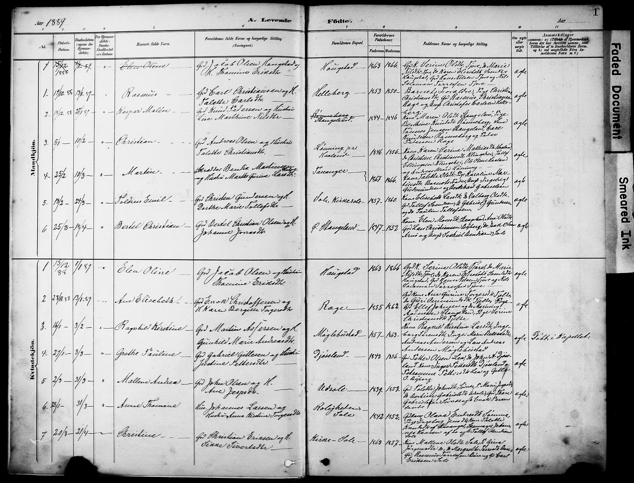 Håland sokneprestkontor, AV/SAST-A-101802/001/30BA/L0012: Parish register (official) no. A 11, 1889-1900, p. 1