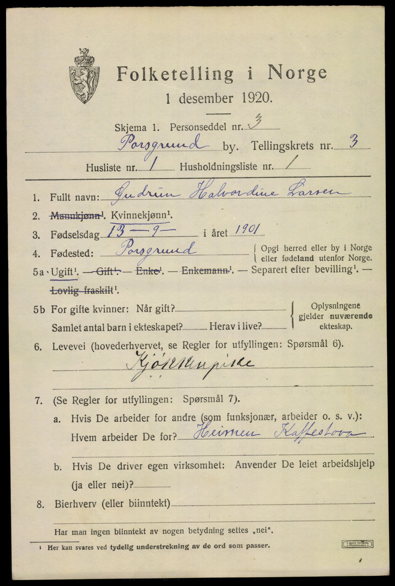 SAKO, 1920 census for Porsgrunn, 1920, p. 14449