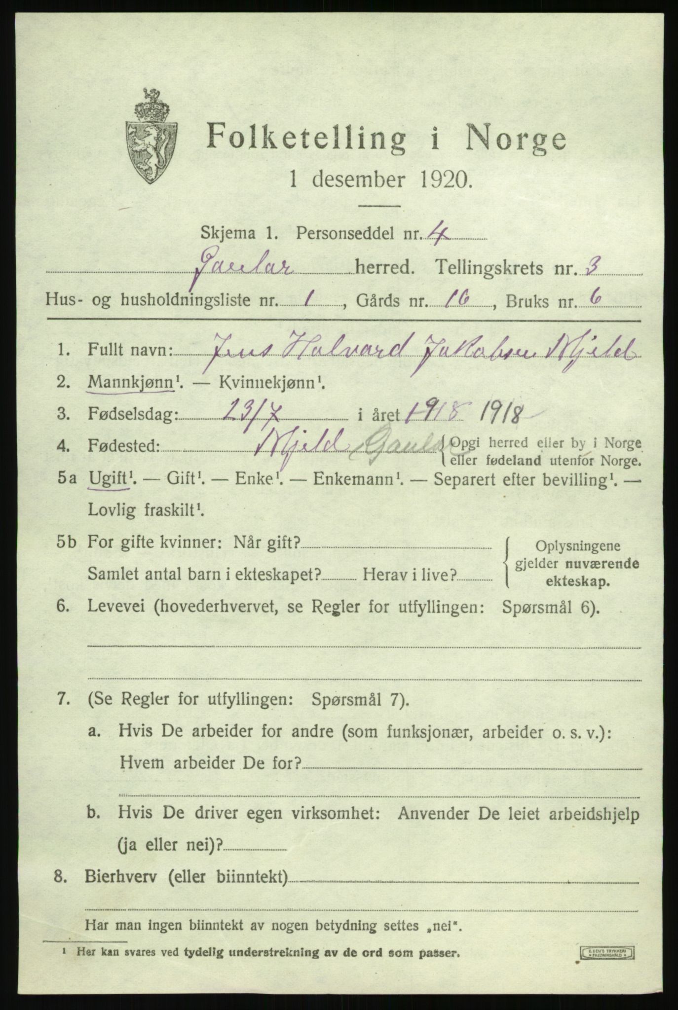 SAB, 1920 census for Gaular, 1920, p. 1814