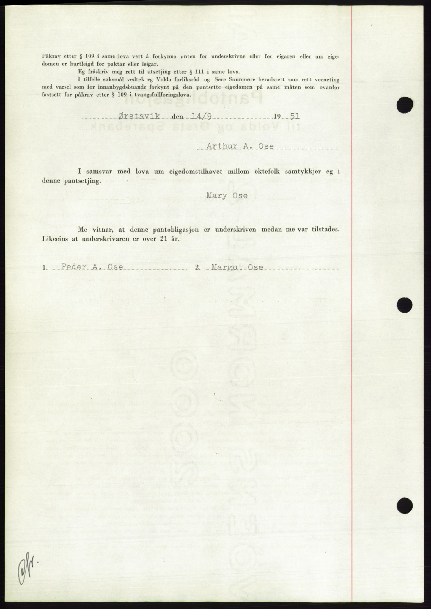 Søre Sunnmøre sorenskriveri, AV/SAT-A-4122/1/2/2C/L0120: Mortgage book no. 8B, 1951-1951, Diary no: : 1781/1951