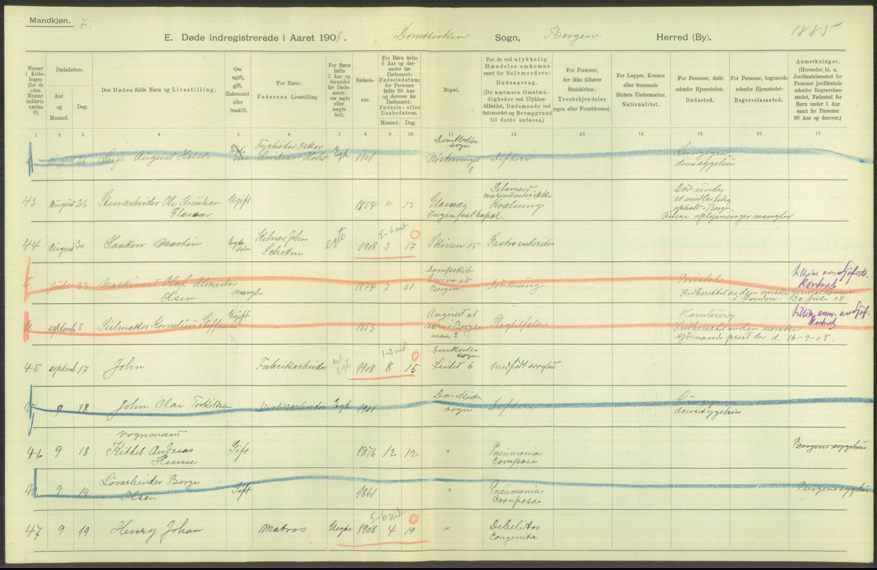 Statistisk sentralbyrå, Sosiodemografiske emner, Befolkning, AV/RA-S-2228/D/Df/Dfa/Dfaf/L0031: Bergen: Gifte, døde, dødfødte., 1908, p. 142