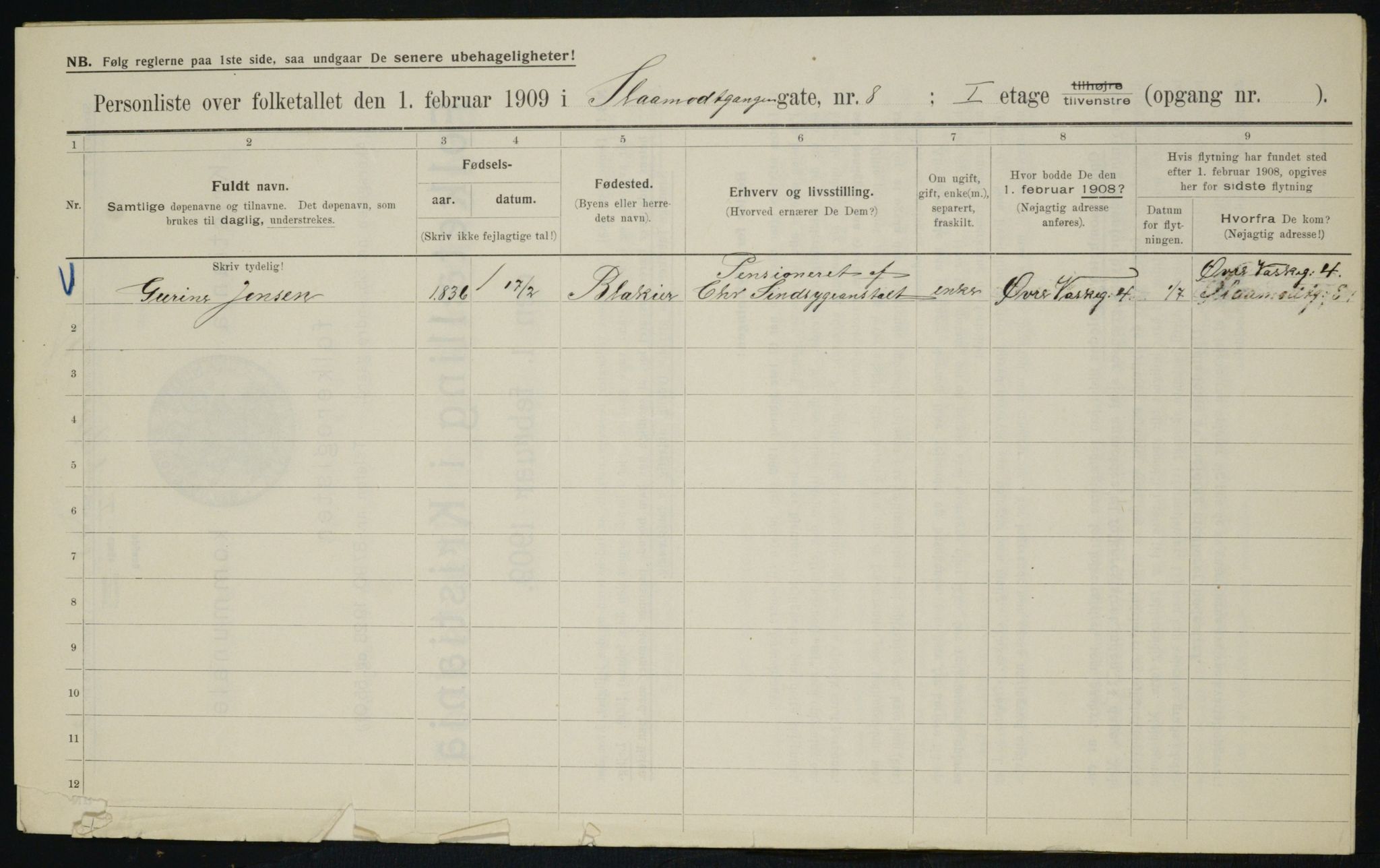 OBA, Municipal Census 1909 for Kristiania, 1909, p. 87954