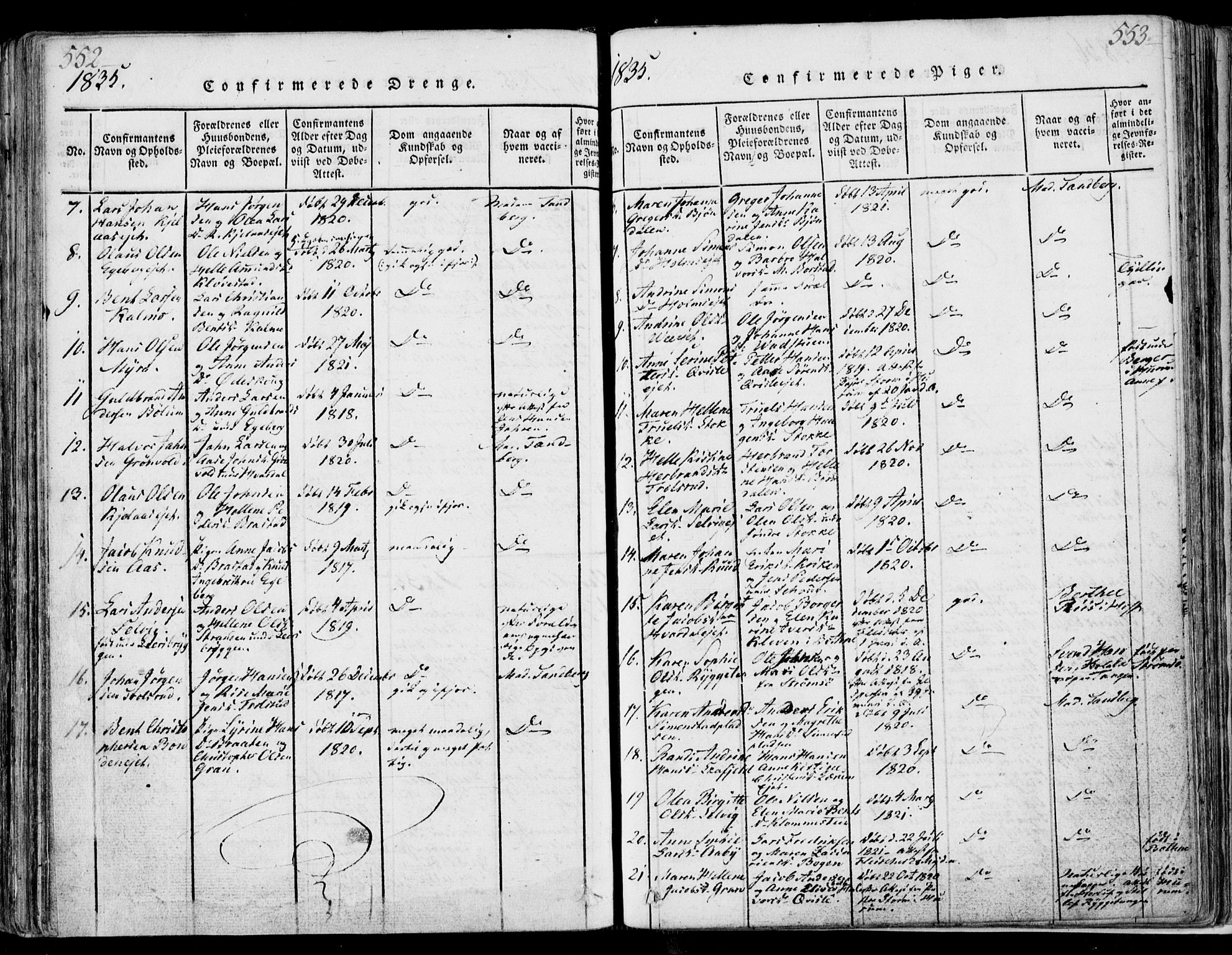 Sande Kirkebøker, SAKO/A-53/F/Fa/L0003: Parish register (official) no. 3, 1814-1847, p. 552-553