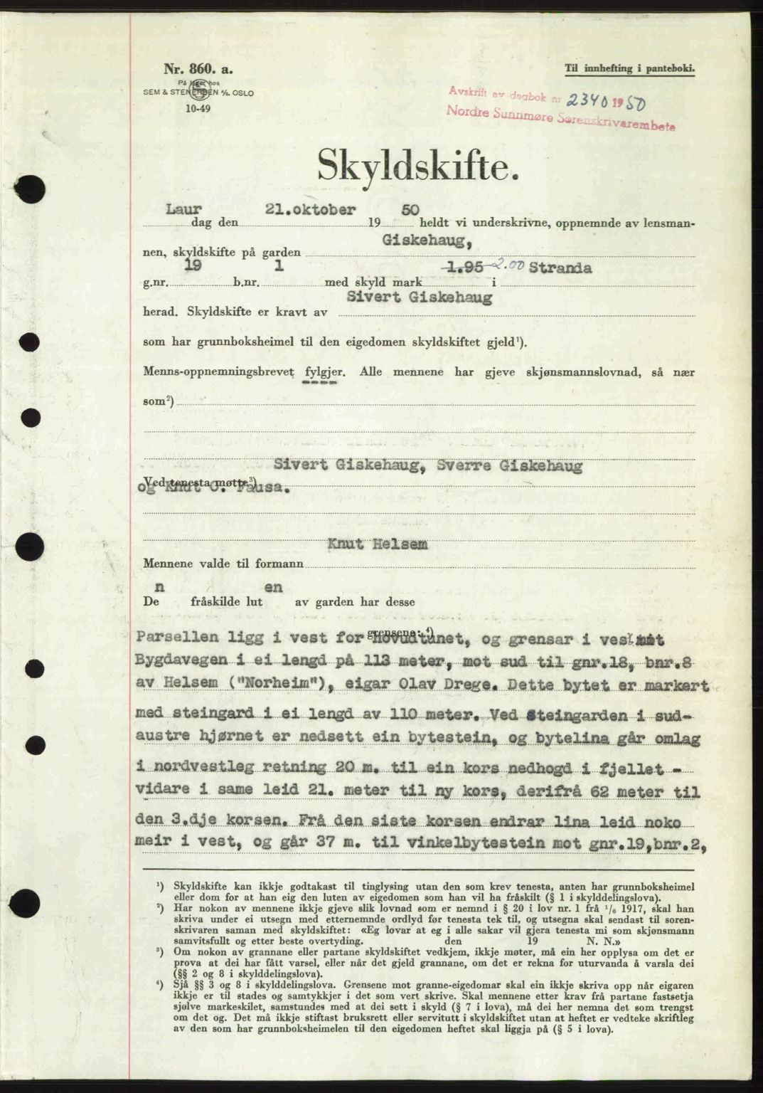 Nordre Sunnmøre sorenskriveri, AV/SAT-A-0006/1/2/2C/2Ca: Mortgage book no. A36, 1950-1950, Diary no: : 2340/1950