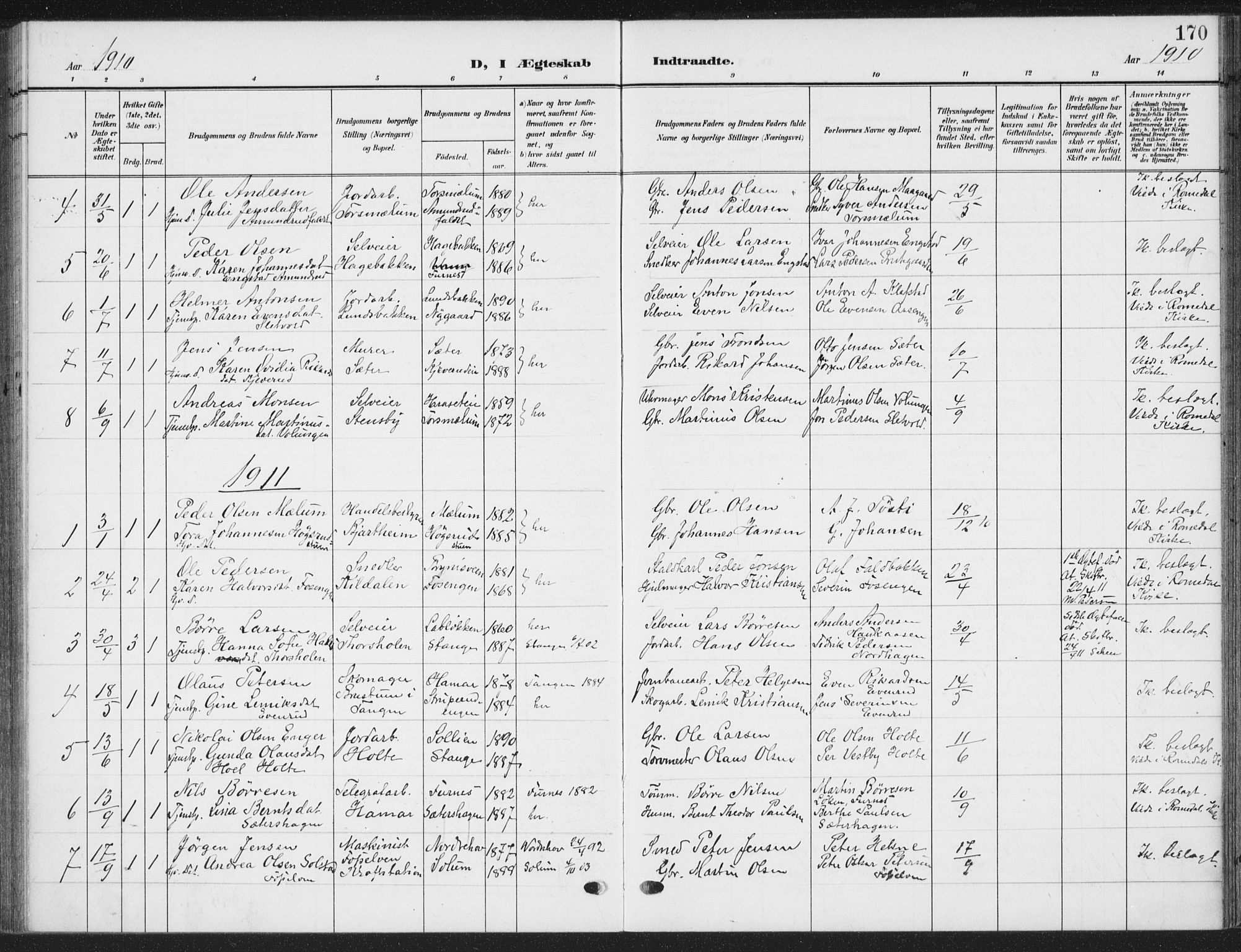 Romedal prestekontor, SAH/PREST-004/K/L0009: Parish register (official) no. 9, 1906-1929, p. 170