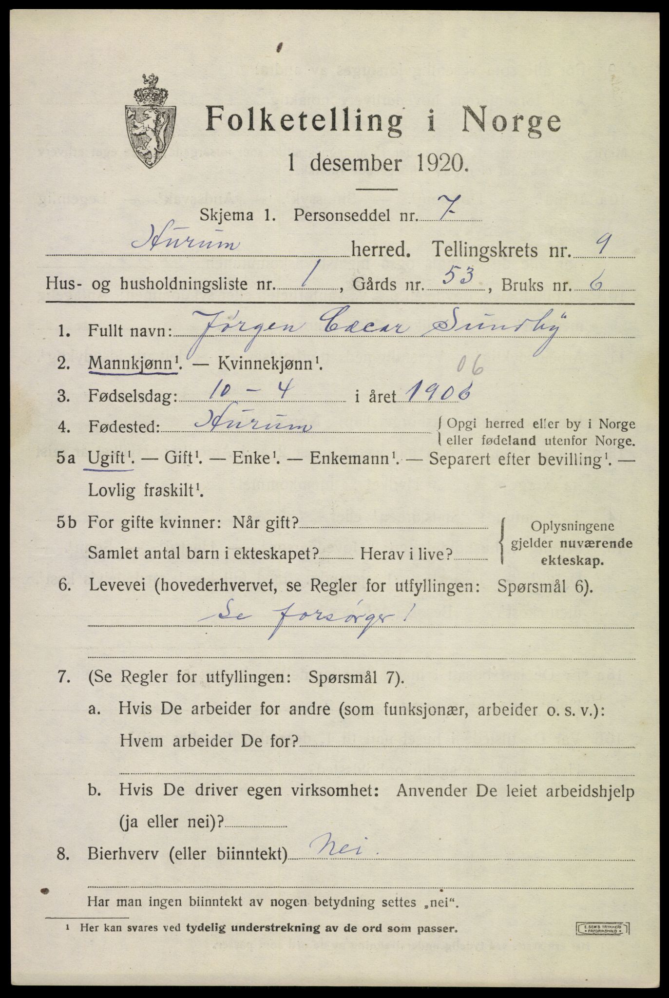 SAKO, 1920 census for Hurum, 1920, p. 11992