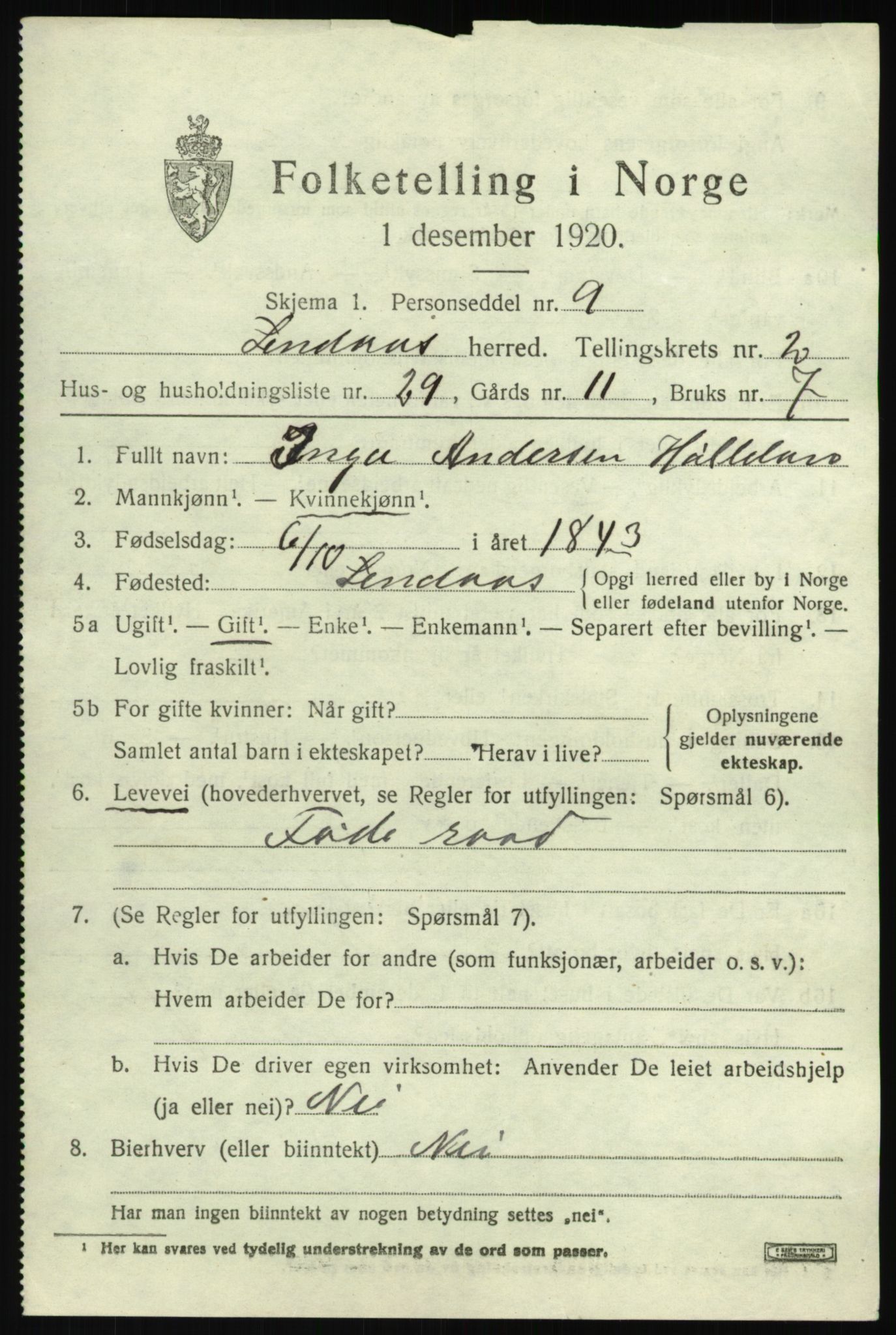 SAB, 1920 census for Lindås, 1920, p. 1921