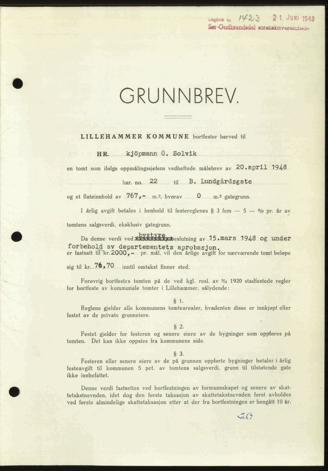 Sør-Gudbrandsdal tingrett, SAH/TING-004/H/Hb/Hbd/L0022: Mortgage book no. A22, 1948-1948, Diary no: : 1423/1948
