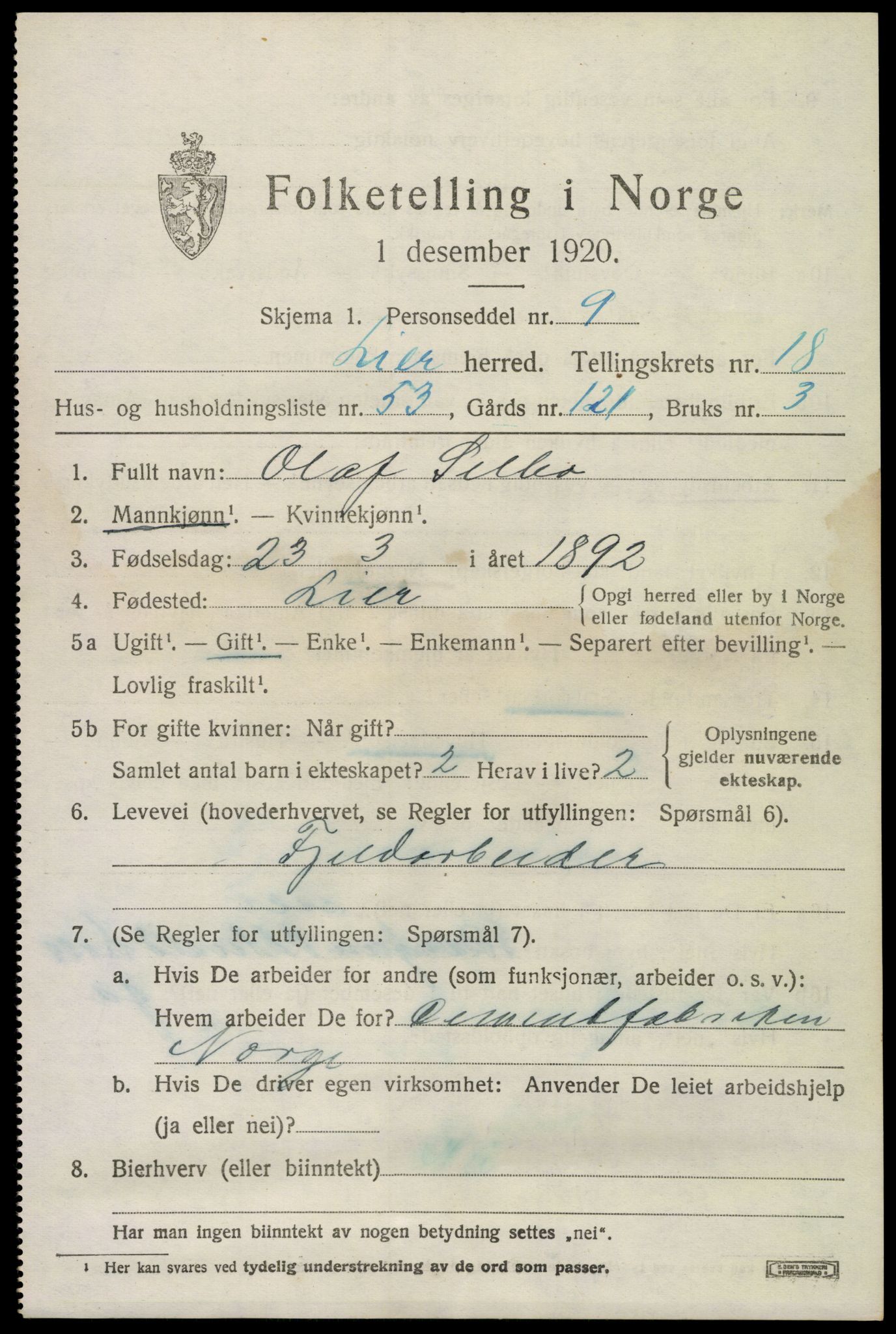 SAKO, 1920 census for Lier, 1920, p. 26114