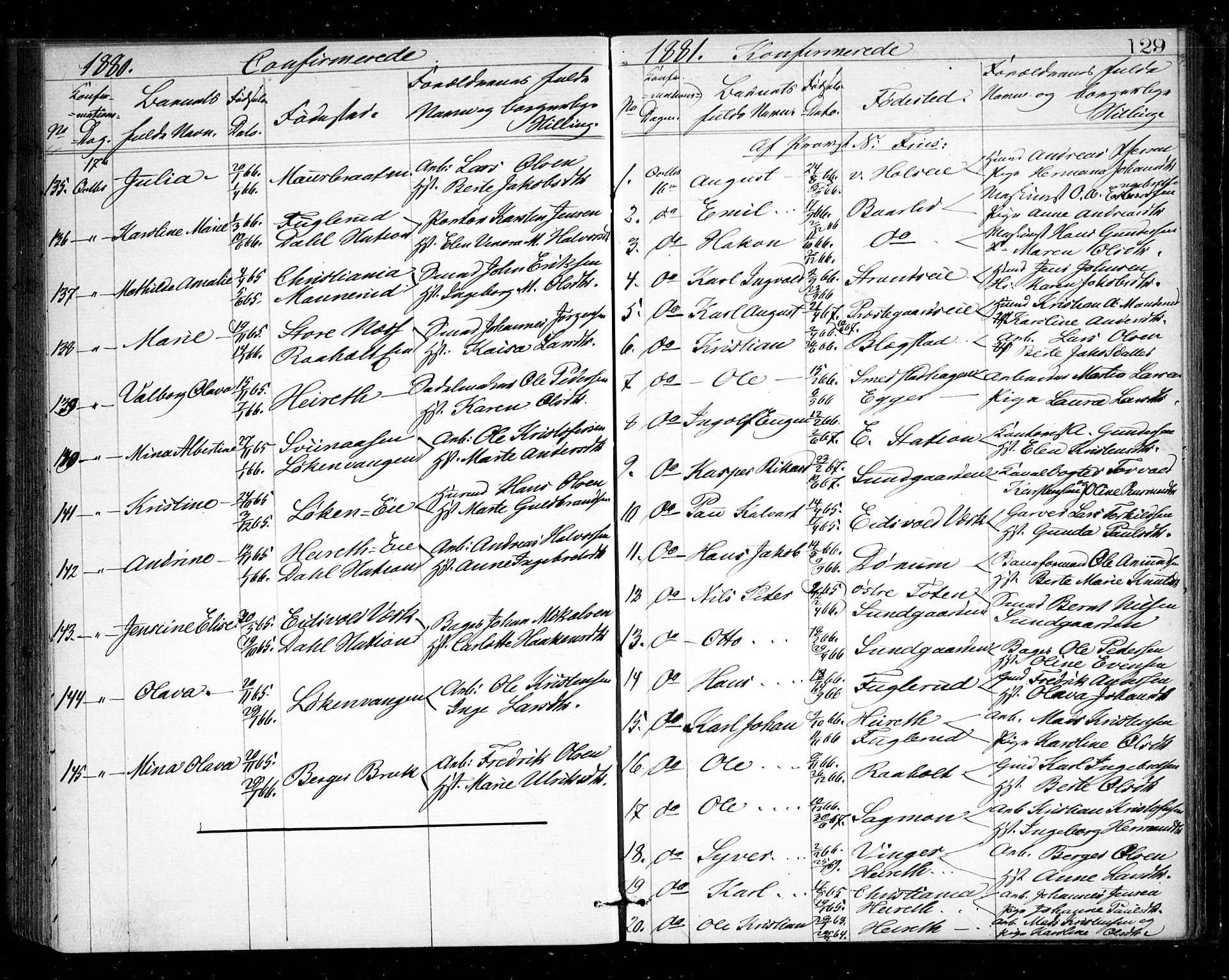 Eidsvoll prestekontor Kirkebøker, AV/SAO-A-10888/G/Ga/L0004: Parish register (copy) no. I 4, 1877-1884, p. 129