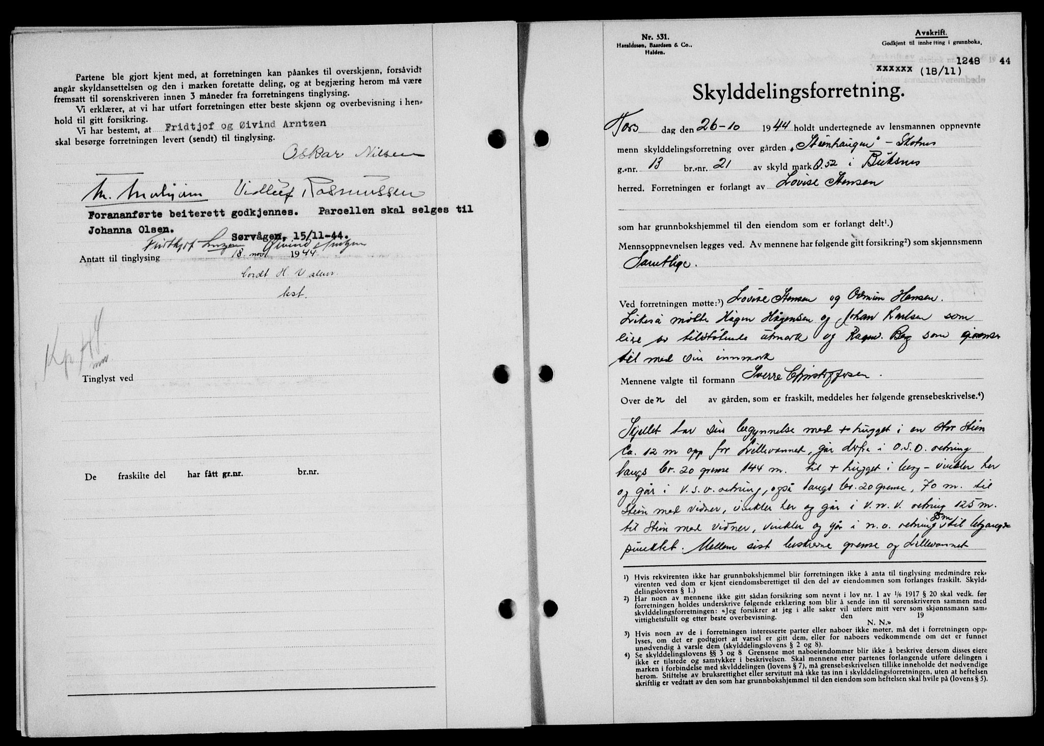 Lofoten sorenskriveri, AV/SAT-A-0017/1/2/2C/L0012a: Mortgage book no. 12a, 1943-1944, Diary no: : 1248/1944