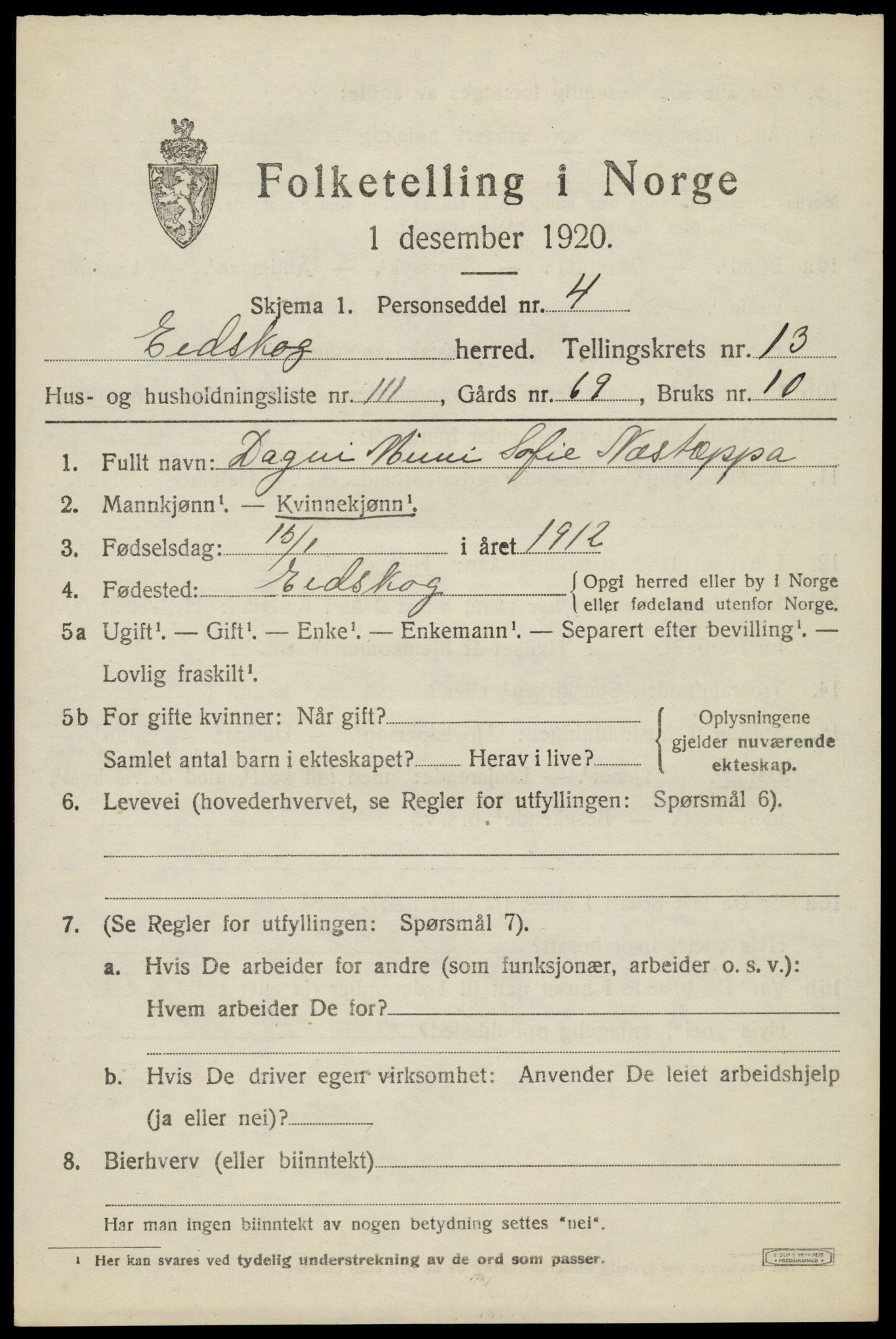 SAH, 1920 census for Eidskog, 1920, p. 13303