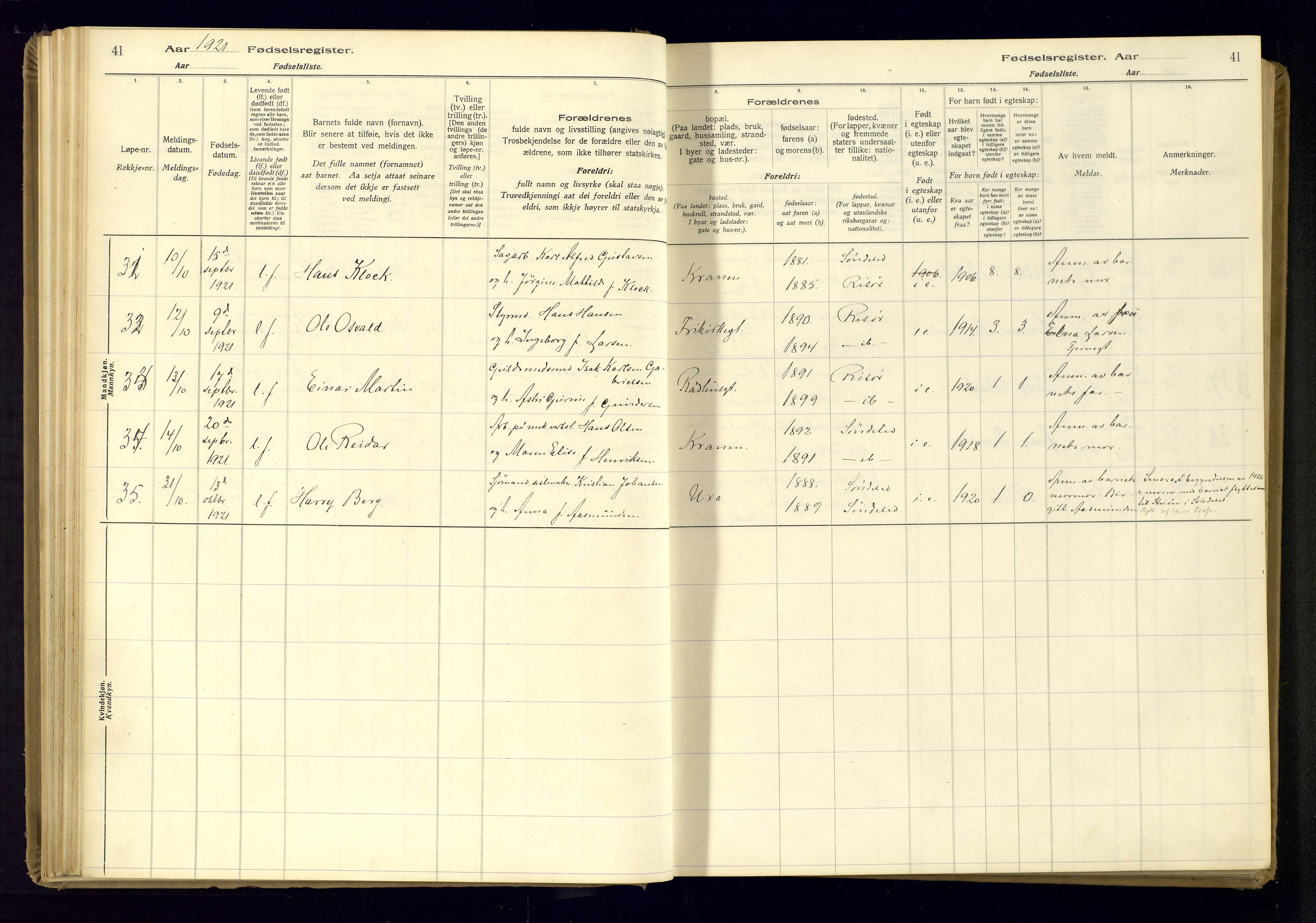 Risør sokneprestkontor, AV/SAK-1111-0035/J/Ja/L0001: Birth register no. A-VI-13, 1916-1947, p. 41